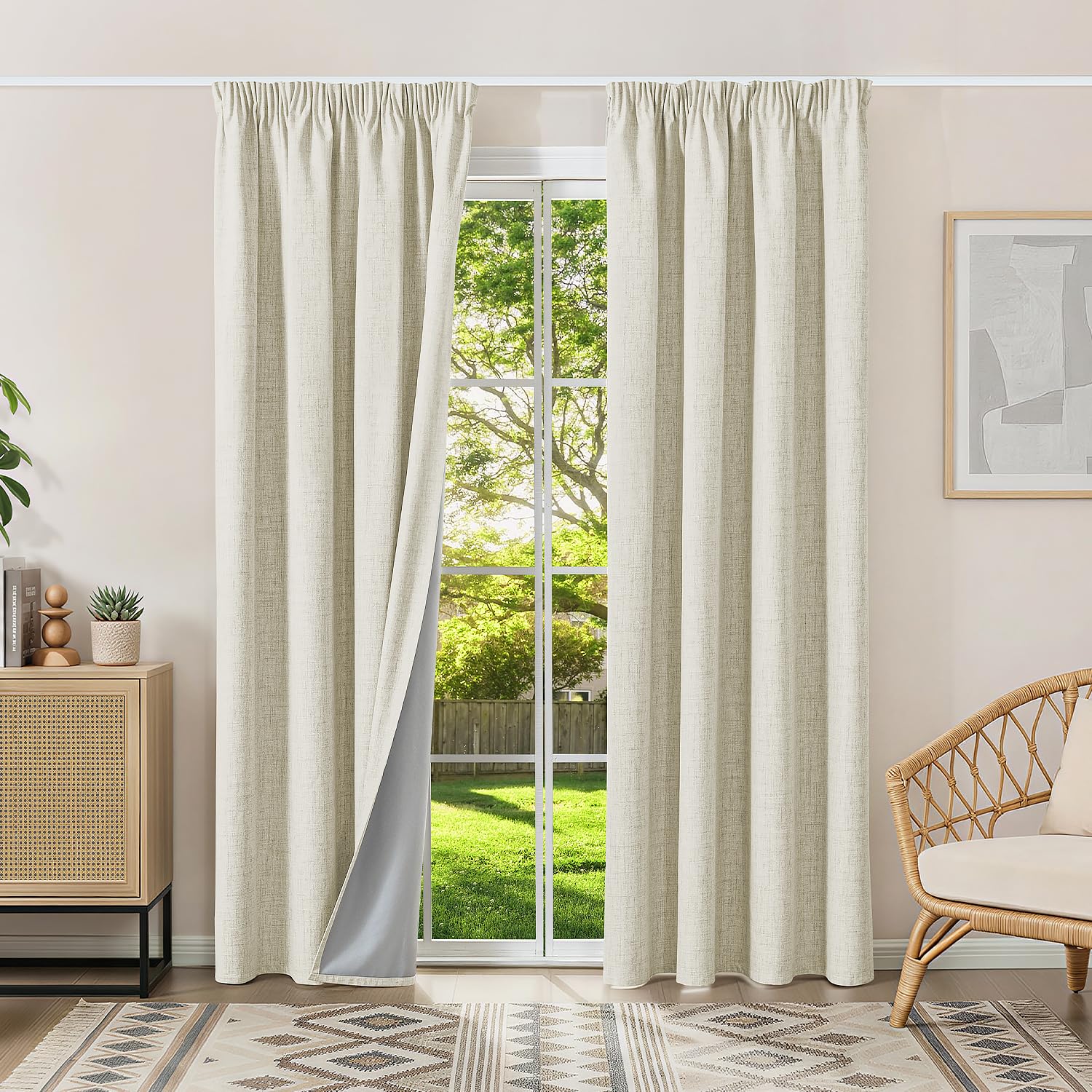 Runyéla 100% Blackout Curtains Pencil Pleat Linen Curtain for Bedroom Living Room Thermal Insulated 52 x 84 Inch Drop 2 Panels Light Beige