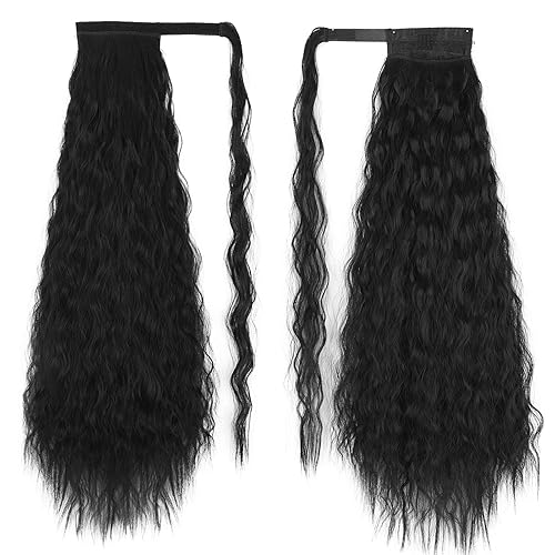 Miniatura 2 de Stamped Glorious Long Corn Wave Ponytail Extension Magic Paste Heat Resistant Wavy Synthetic Wrap Around Ponytail Black Hairpiece for Women (26