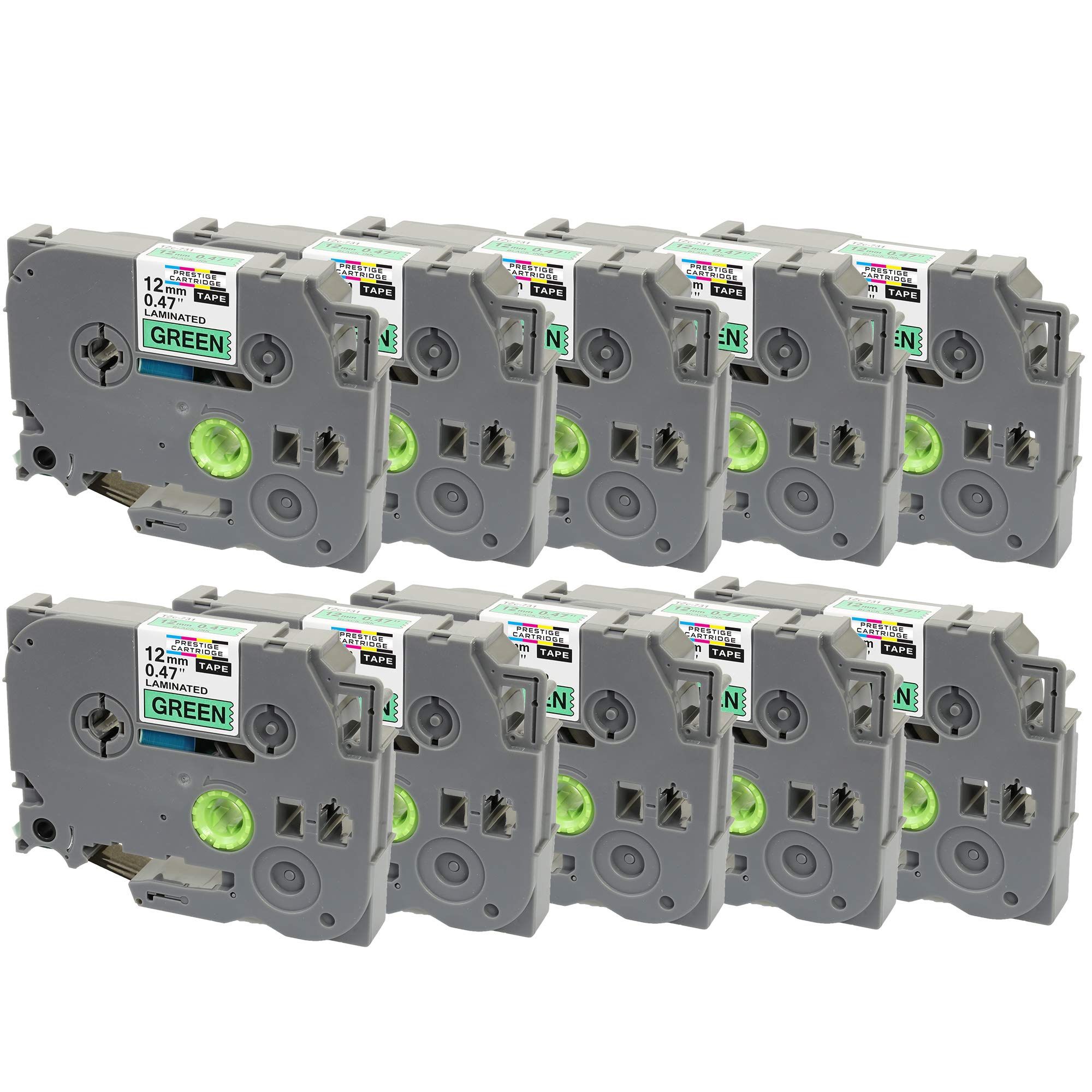 10x Compatible Label Tape TZe731 TZ731 Black on Green 12 mm x 8 m Suitable for PT-1000 1005 1010 3600 9600 D210 D400 D600VP E300VP E550WVP H101C H101GB H105 H110 H300 H500 P700 P750W