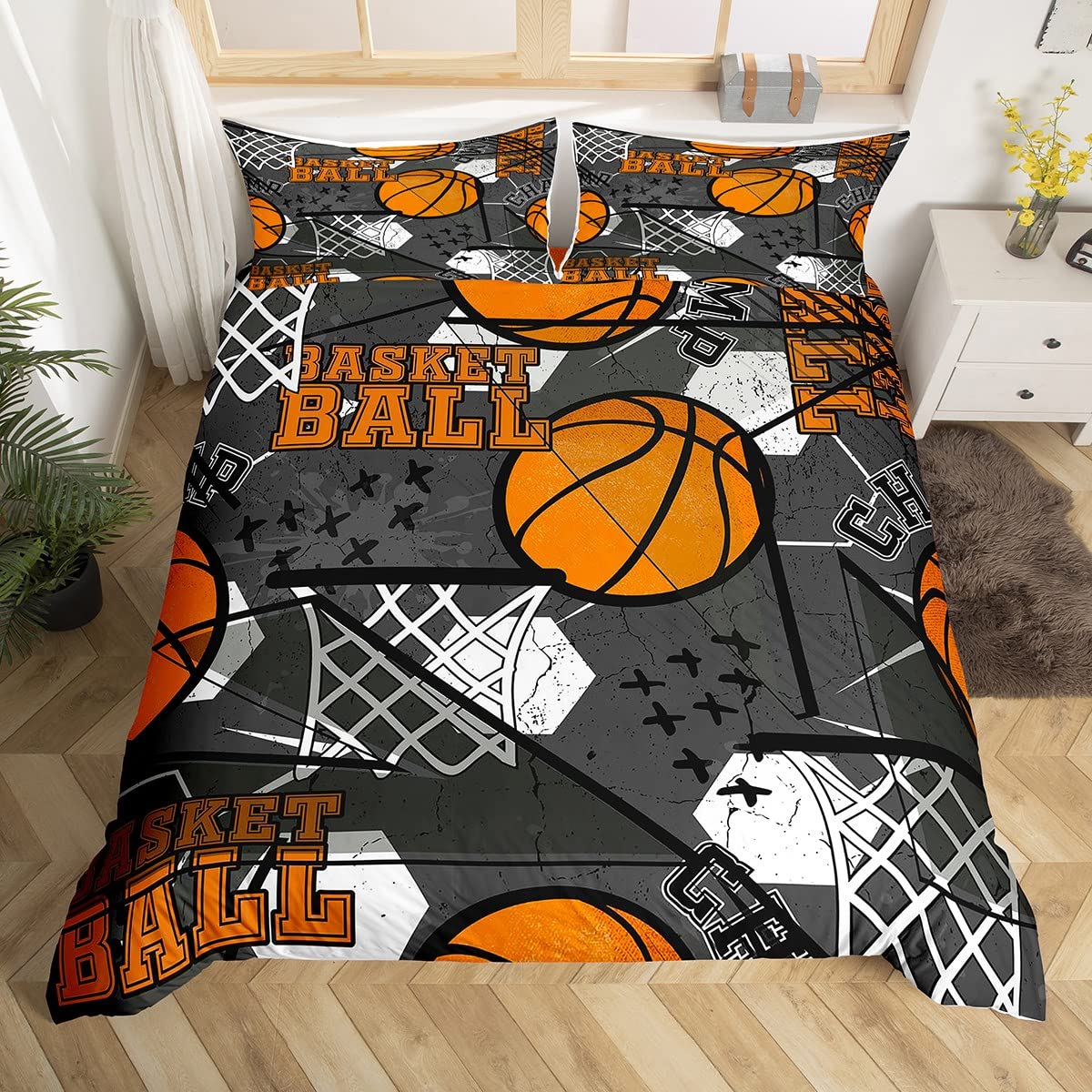 Juego de funda de edredón de baloncesto 3D, funda de edredón deportiva para niños, niñas, adolescentes, jugadores de baloncesto, color naranja y negro, funda de edredón doble