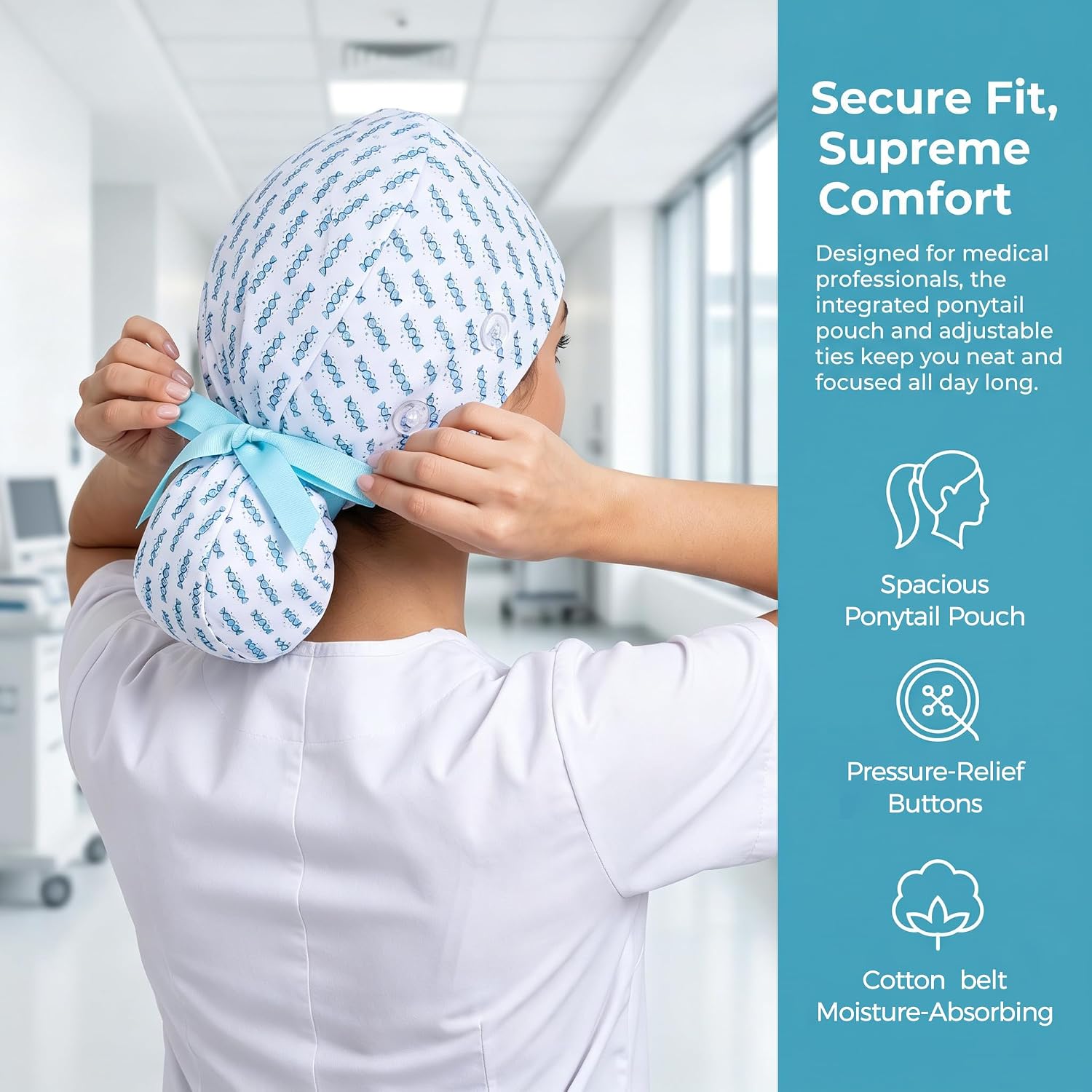 Women's Satin Lined Scrub Cap with Ponytail Holder Pouch, Adjustable Tie Back, Floral Printed Surgical Nurse Cap (Teal)