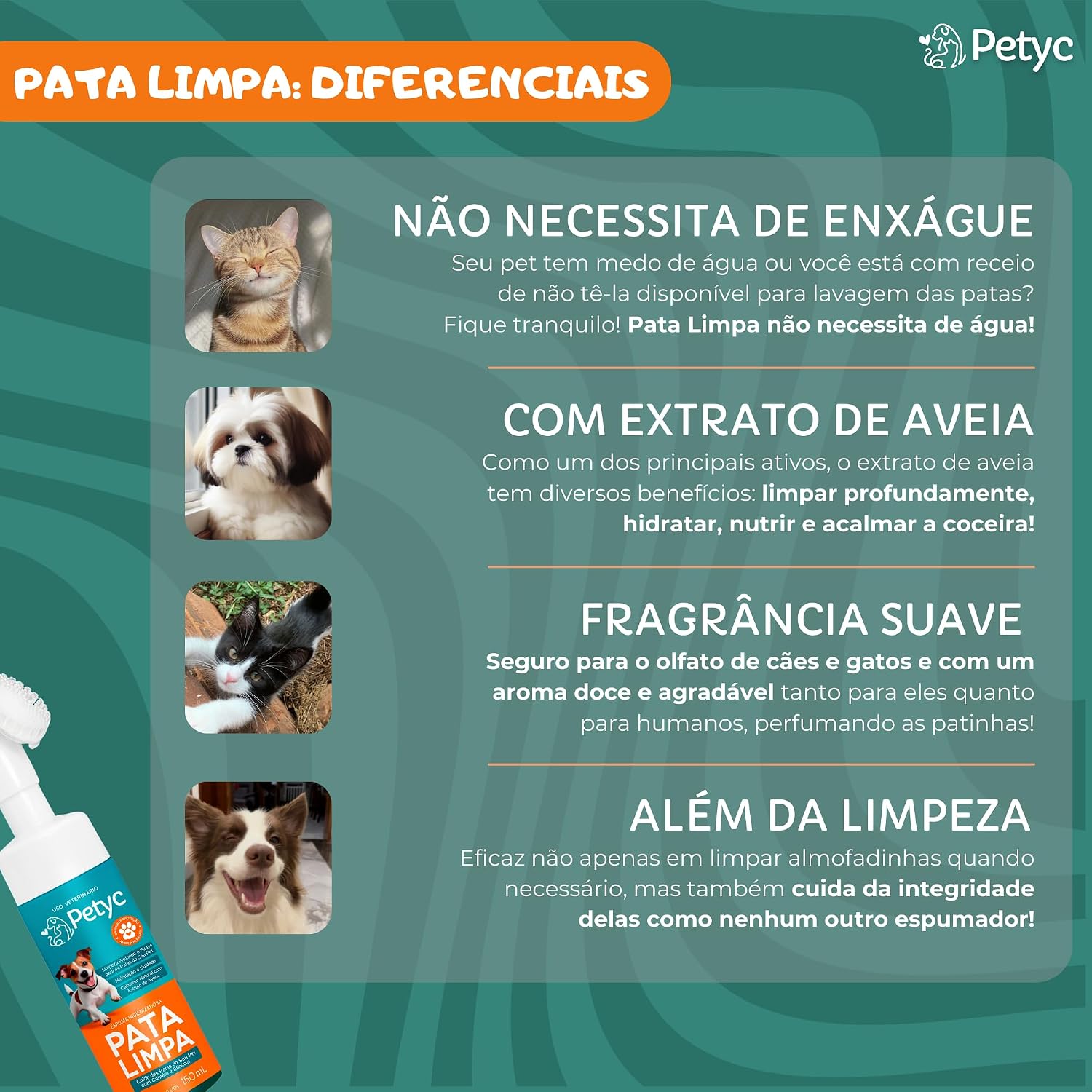 Kit Pata Limpa 150 mL + Pata Fofa 40g PETYC Higienizador de Patas e Hidratante de Patinhas e Focinho para Cães e Gatos