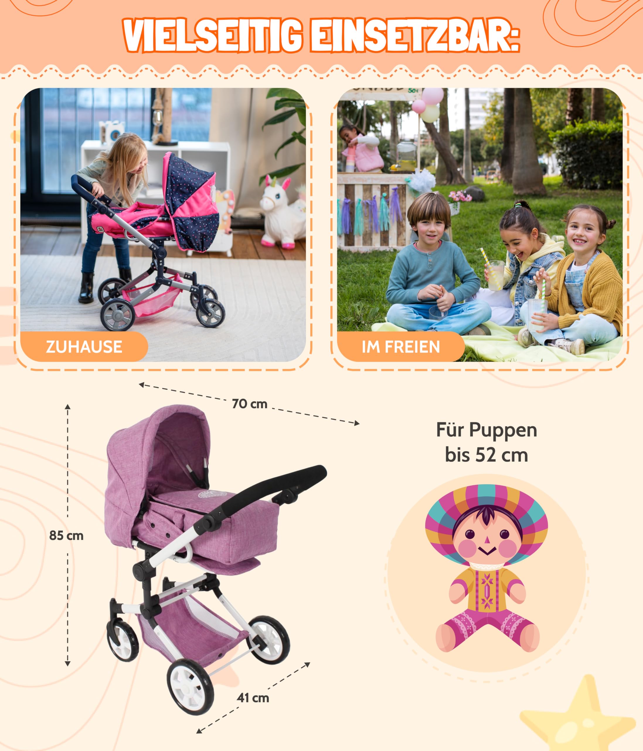 Bayer Chic 2000® wózek dla lalek Jara 3 w 1, różowy, składany, uchwyt z regulacją wysokości 47-78 cm, torba transportowa, lalki do 52 cm, 4-8 J.