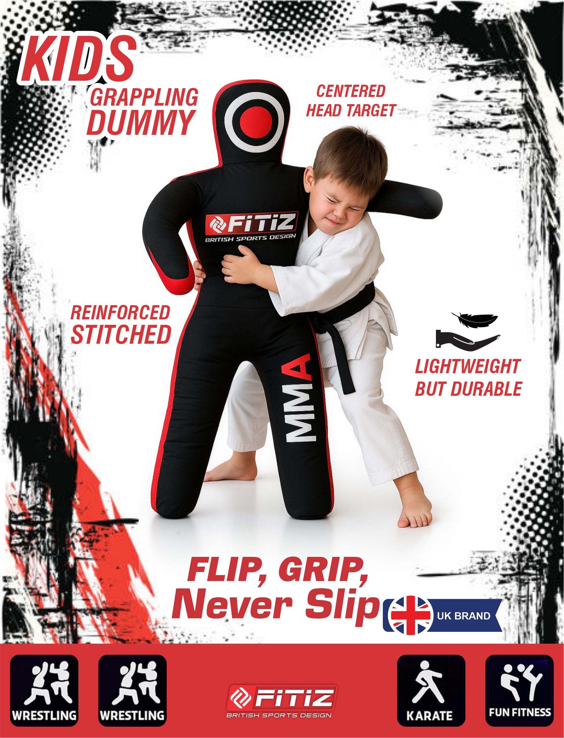 Mannequin MMA Judo Grappling Sac de frappe (vide) Brésilien BJJ, JIU Jitsu Position debout, lutte, arts martiaux, boxe, karaté (noir/rouge, 119,4 cm)