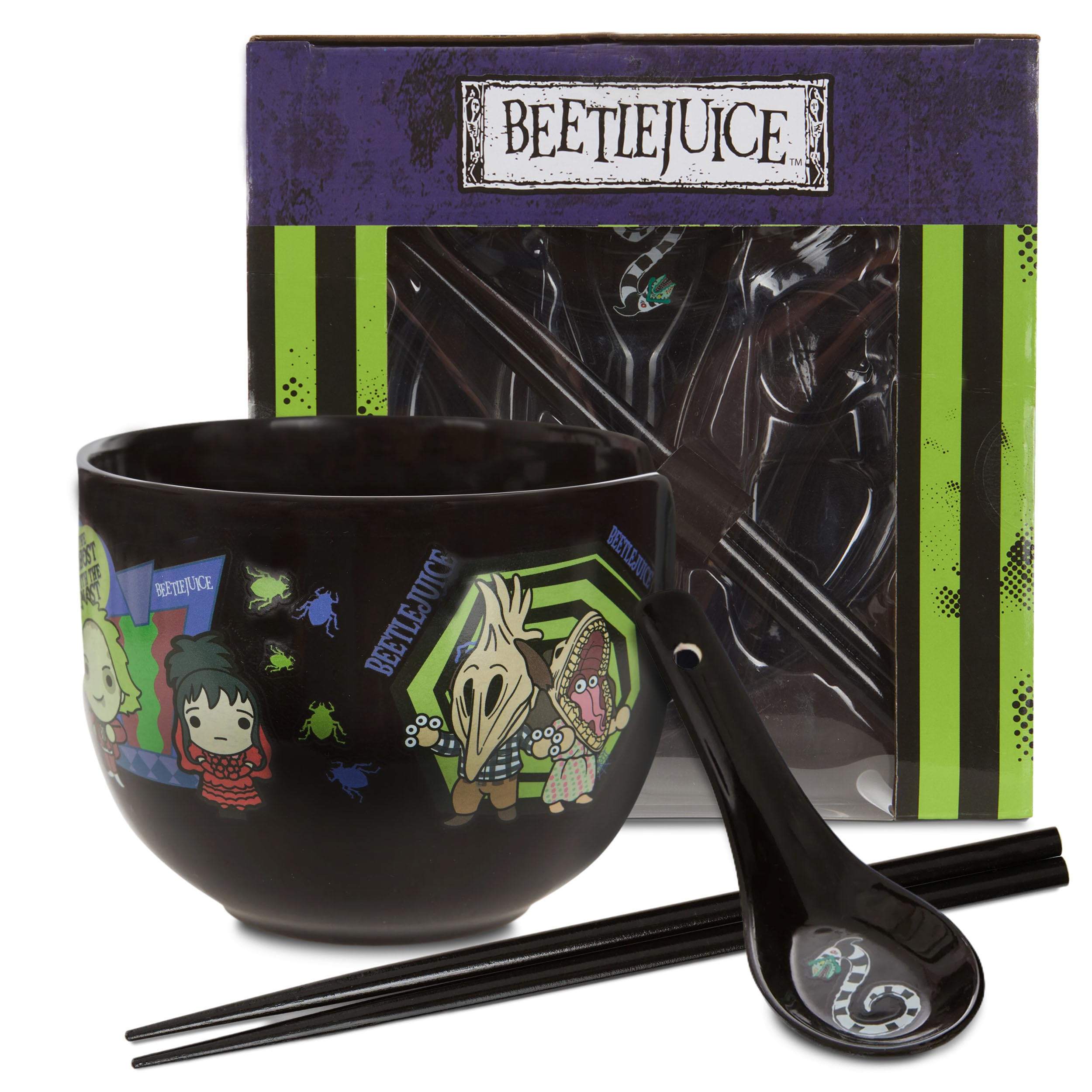 Culture Fly Beetlejuice Microwave Ramen Bowl Set with Chopsticks and Spoon, 16 oz Ceramic Instant Noodle Bowls with Chopsticks, Ramen Noodle Bowl, Rice Bowl Anime Gifts for Men