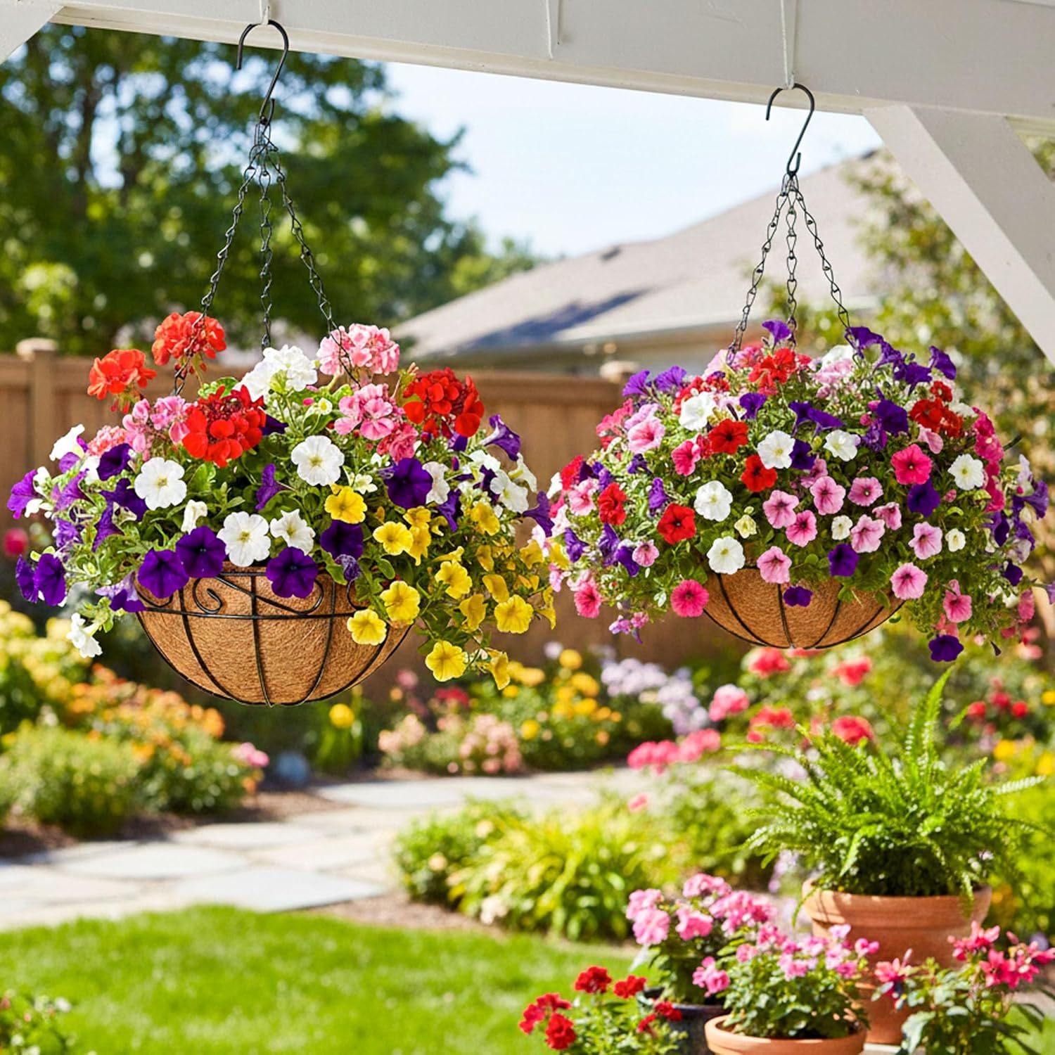 4 Pack Hanging Planters 14 Inch Metal Hanging Planter Basket Flower Pots with Coco Coir Liners Round Wire Plant Holder with Chain for Indoor Outdoor Patio Porch Garden Decoration（HB）