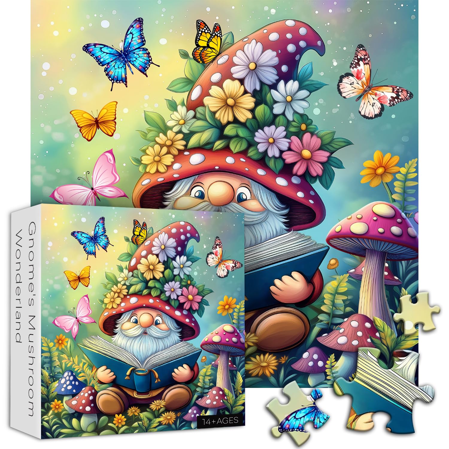 Śmieszne puzzle krasnale dla dorosłych, 1000 sztuk, natura, grzyb, motyl, ogród, tematyka, uroczy wiosenny krasnal kwiat, wyzwanie