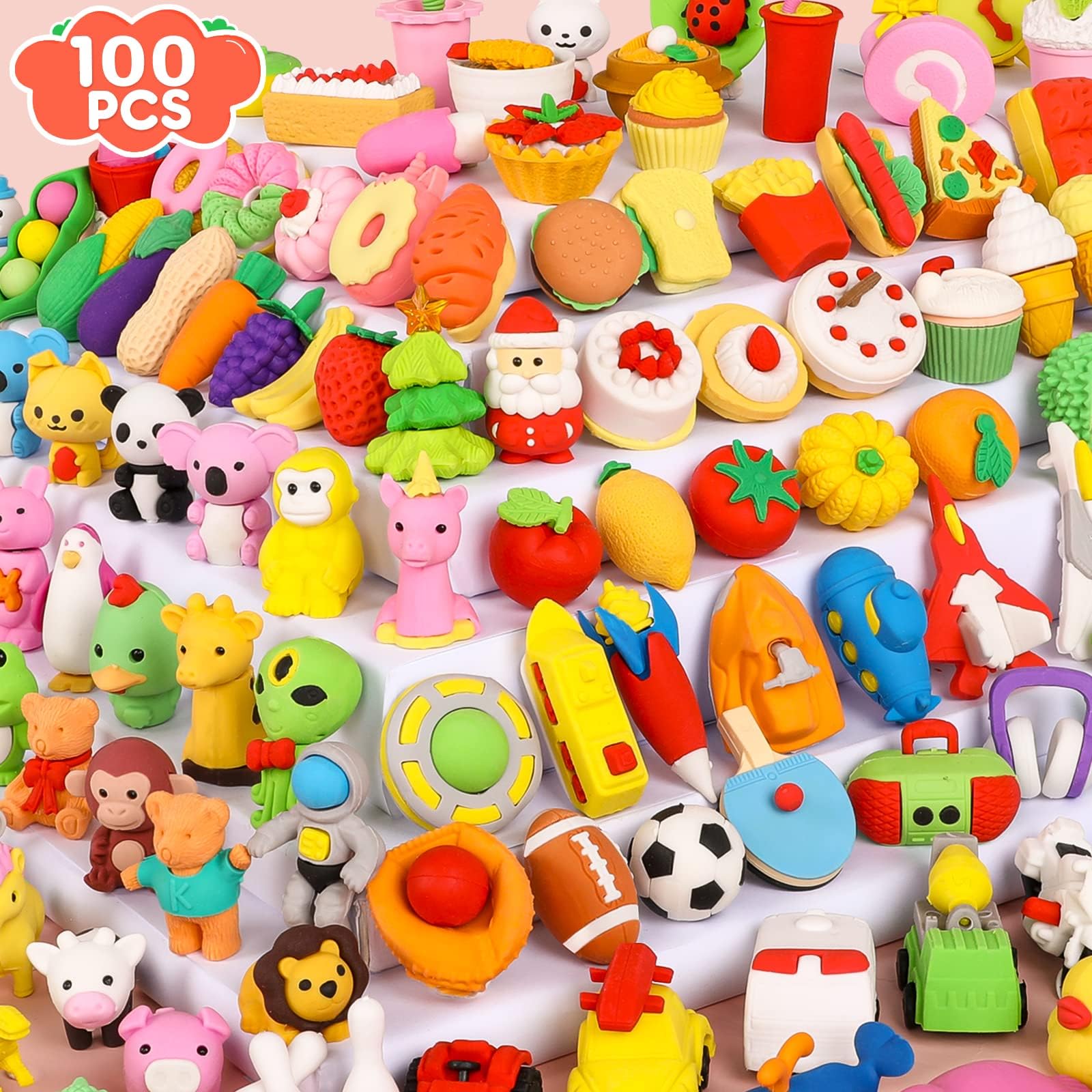 100 Pack Animal Erasers Desk Pet for Kids 3D Puzzle Pencil Eraser Take Apart Bulk Treasure Box Toy for Classroom School Prize Kids Party Favors Back
