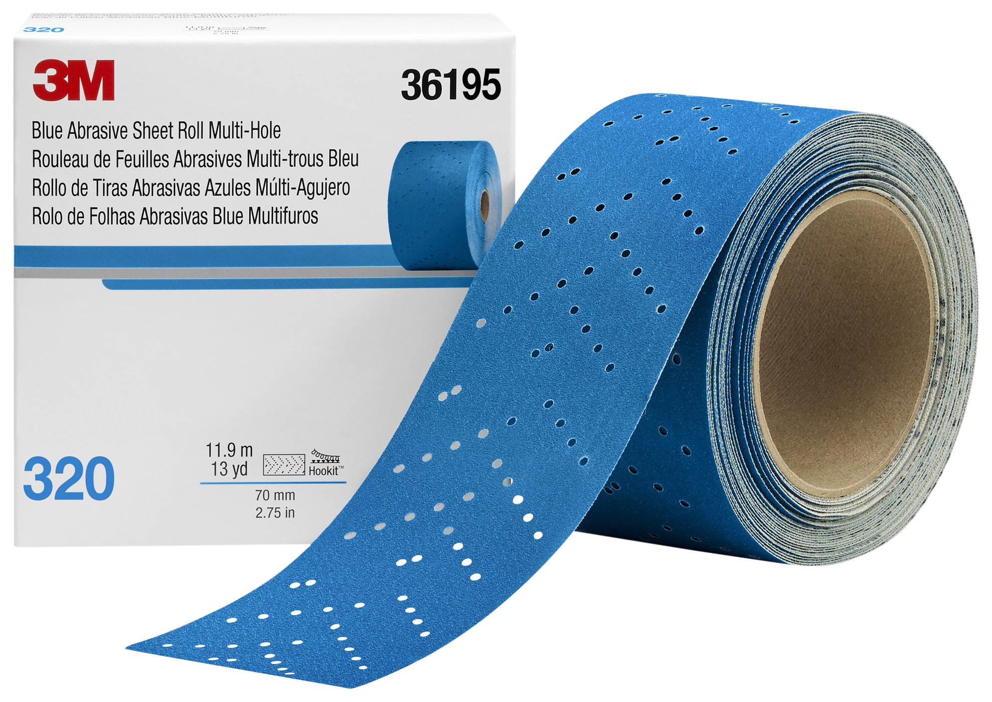 3M Hookit Blue Abrasive Sheet Roll, 36195, Multi-Hole, 2.75 in x 13 yd, 320+ Grade, Automotive Sanding Roll Sandpaper for Coating Removal, Body Repair, Auto Sanding
