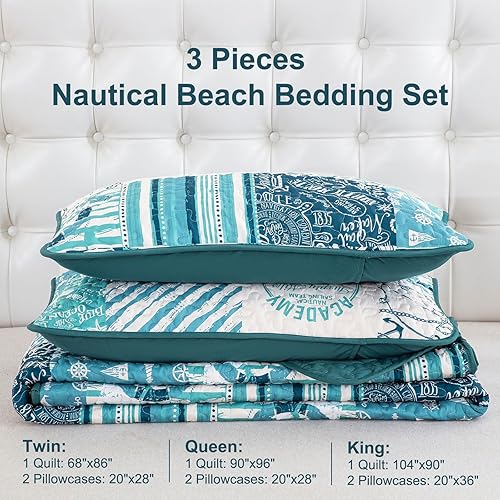 Miniatura 7 de Dinjoy Juego de edredón de verano con diseño náutico de océano, tamaño individual, beige, azul, verde, playa, temática costera, juego de ropa de