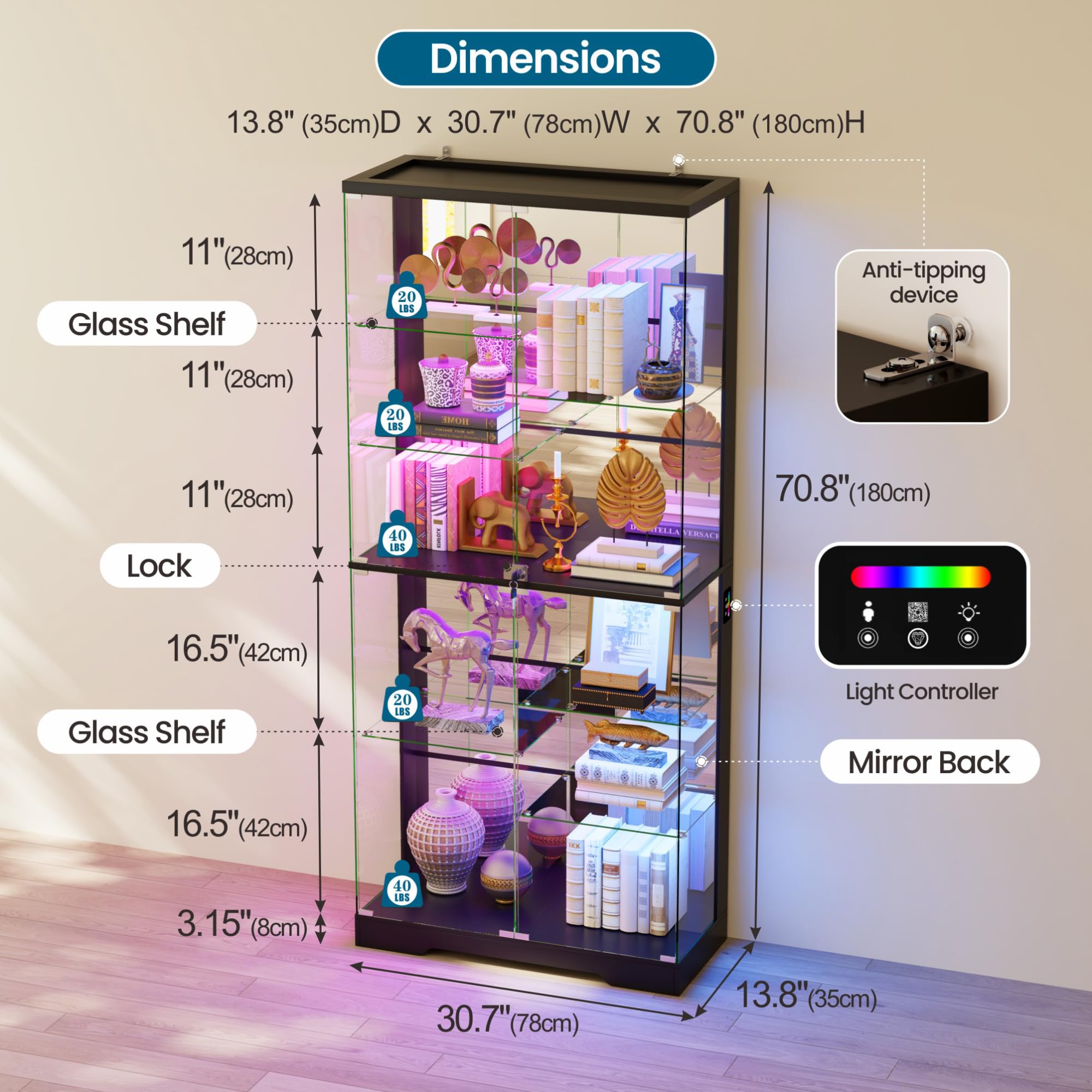 Lvifur Glasvitrine mit LED Beleuchtung und Glastüren für Wohnzimmer Schlafzimmer,35×78×180cm 5-Lagen Vitrinenschrank Vitrine mit Intelligente Sensorik für Sammlerstücke,Wein,Black