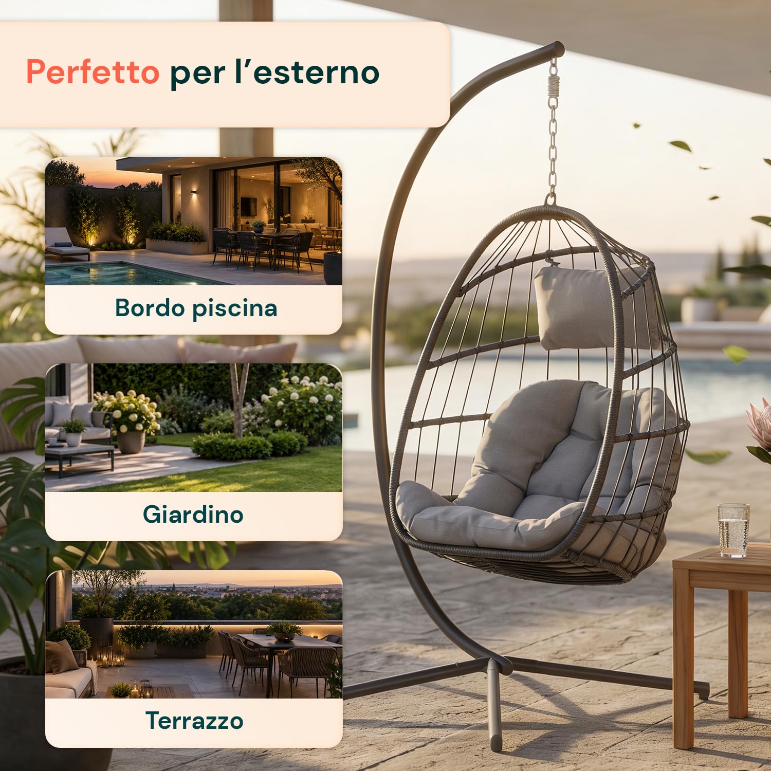 Poltrona Sospesa da Giardino a Uovo Pieghevole – Rattan Sintetico, Acciaio Zincato 192 cm, 160 kg | Sedia a Dondolo Sospesa con Cuscini Antracite, Interno ed Esterno, 75×10×103,5 cm chiusa