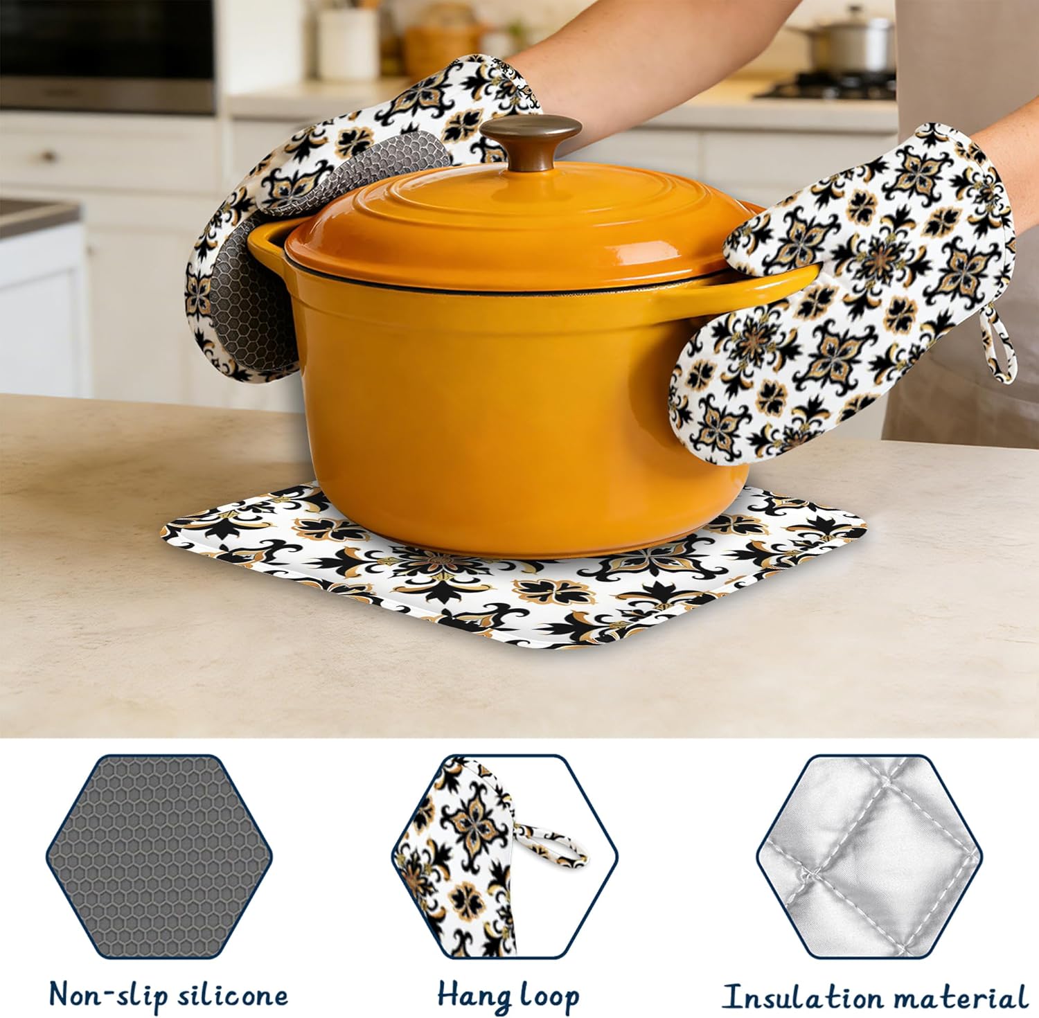 Heat Resistant Pot Holders and Oven Mitts,Retro Pattern Extra Long Kitchen Oven Mitt Set,Vintage Cotton Lining Anti-Slip Waterproof Kitchen Mittens Hot Pan Holder for Baking Cooking Grilling
