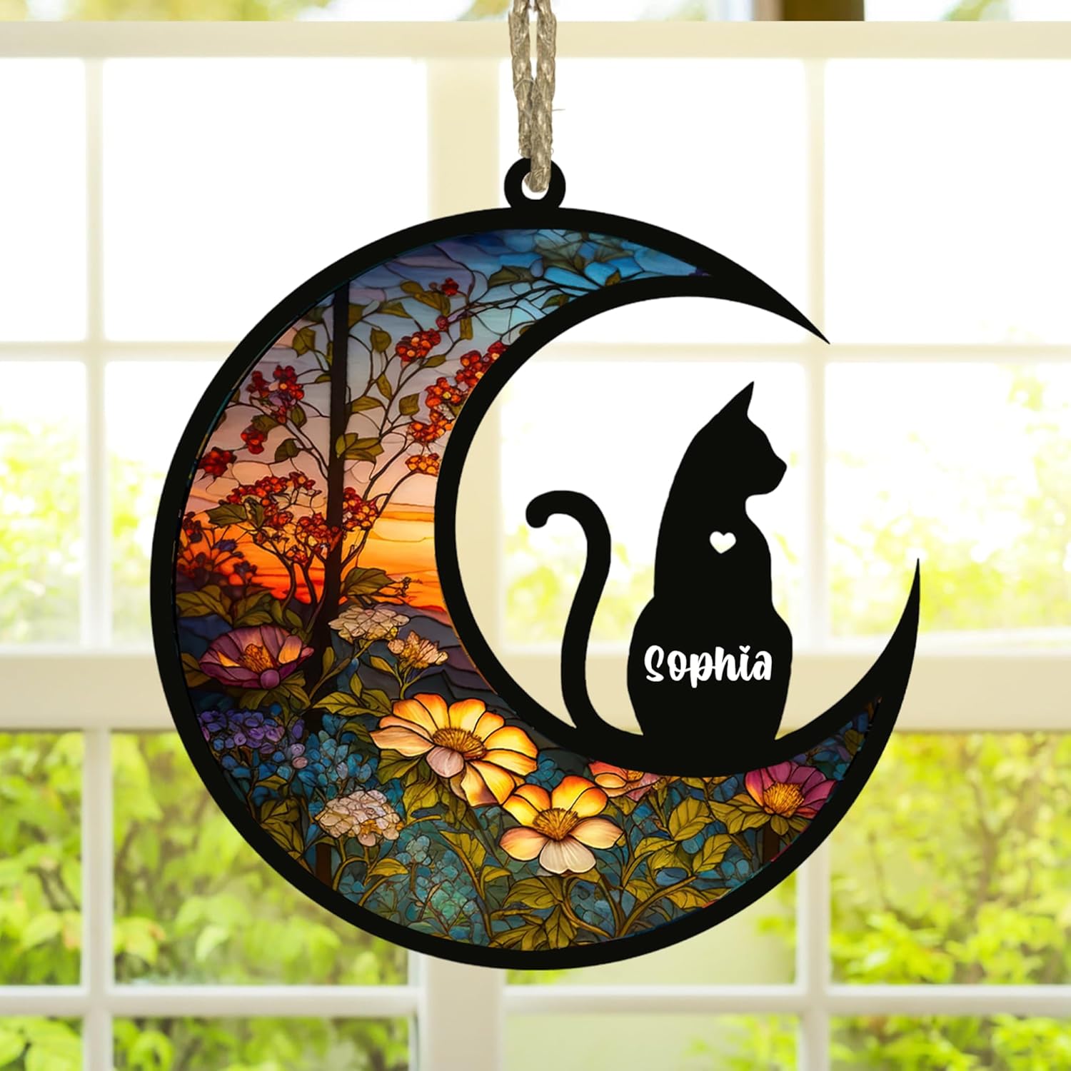 NAZENTI Custom Cat Memorial Sun Catcher, Personalized with Name Date Breed Pet Loss Stained Glass Light Lovers, Memorial Ornament Loss of Pet Sympathy Gifts