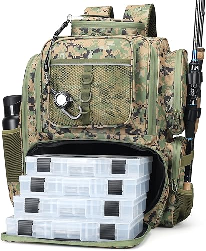 Miniatura 11 de Mochila para pesca, bolsa de pesca con soportes para cañas. Mochila de aparejos grande con materiales resistentes Negro,Camouflaje,Verde