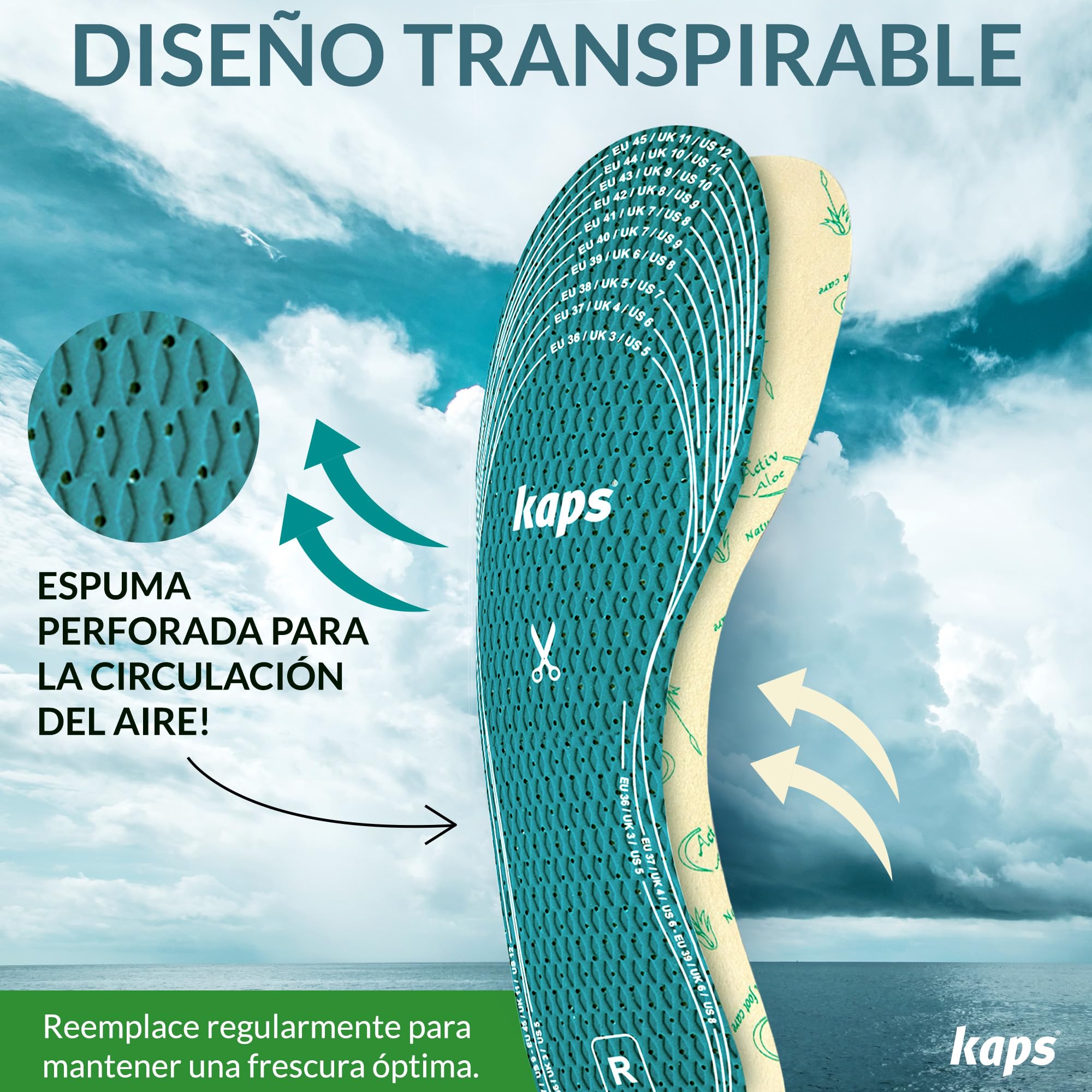 Kaps Plantillas Aloe Vera Ultra-Fresh Hombre y Mujer, Plantillas Zapatos Unisex Tacto Suave Transpirables y Antideslizantes - Para Cortar a Medida con Tecnología Antiolor - 6 Pares