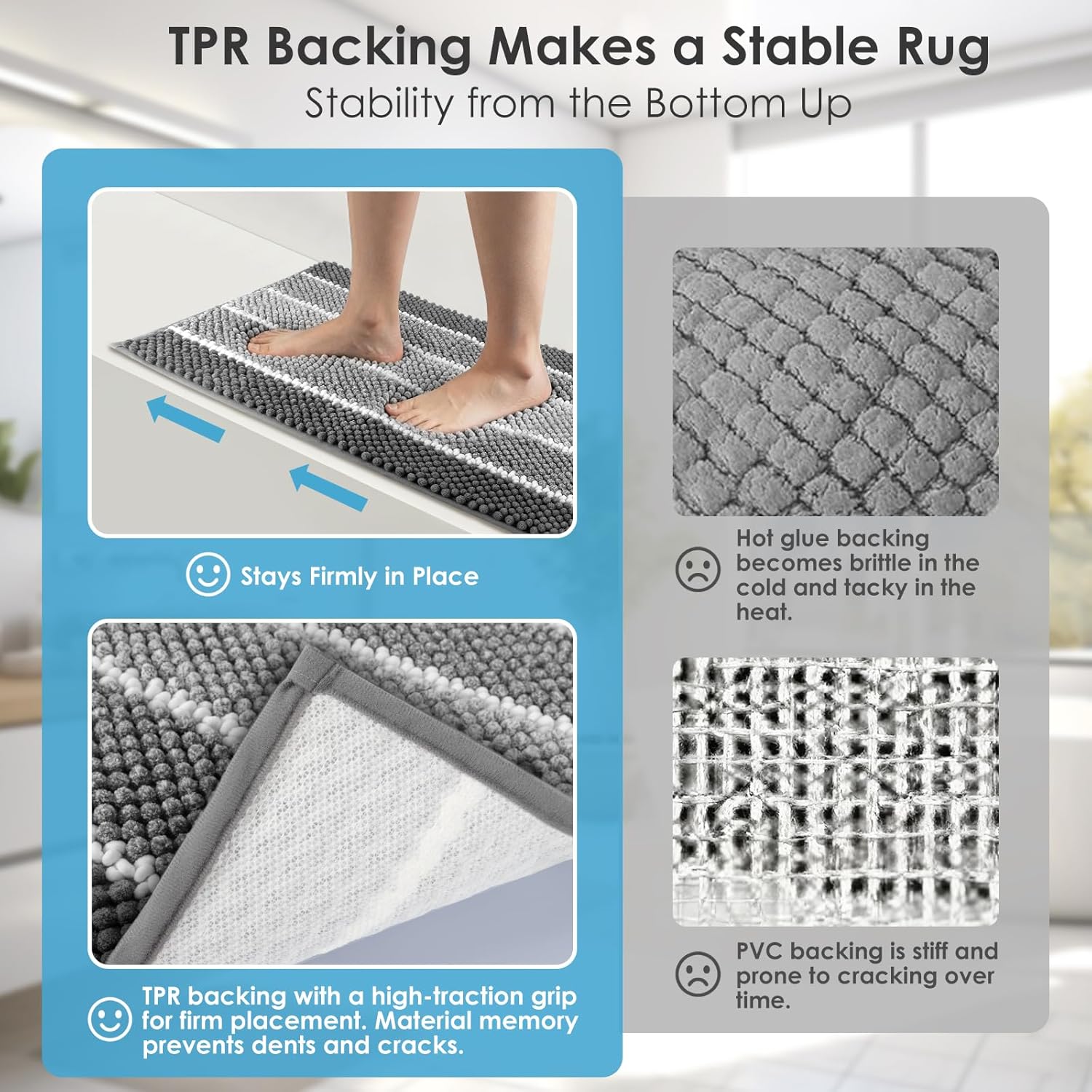 ArtyCozy Chenille Bathroom Rugs 3 Pieces, Extra Thick Absorbent Non Slip Bath Mats with U-Shaped Toilet Rug, Soft Plush Bath Floor Mat Machine Washable, Grey, 17"x24" Plus 20"x48" Plus 20"x24"