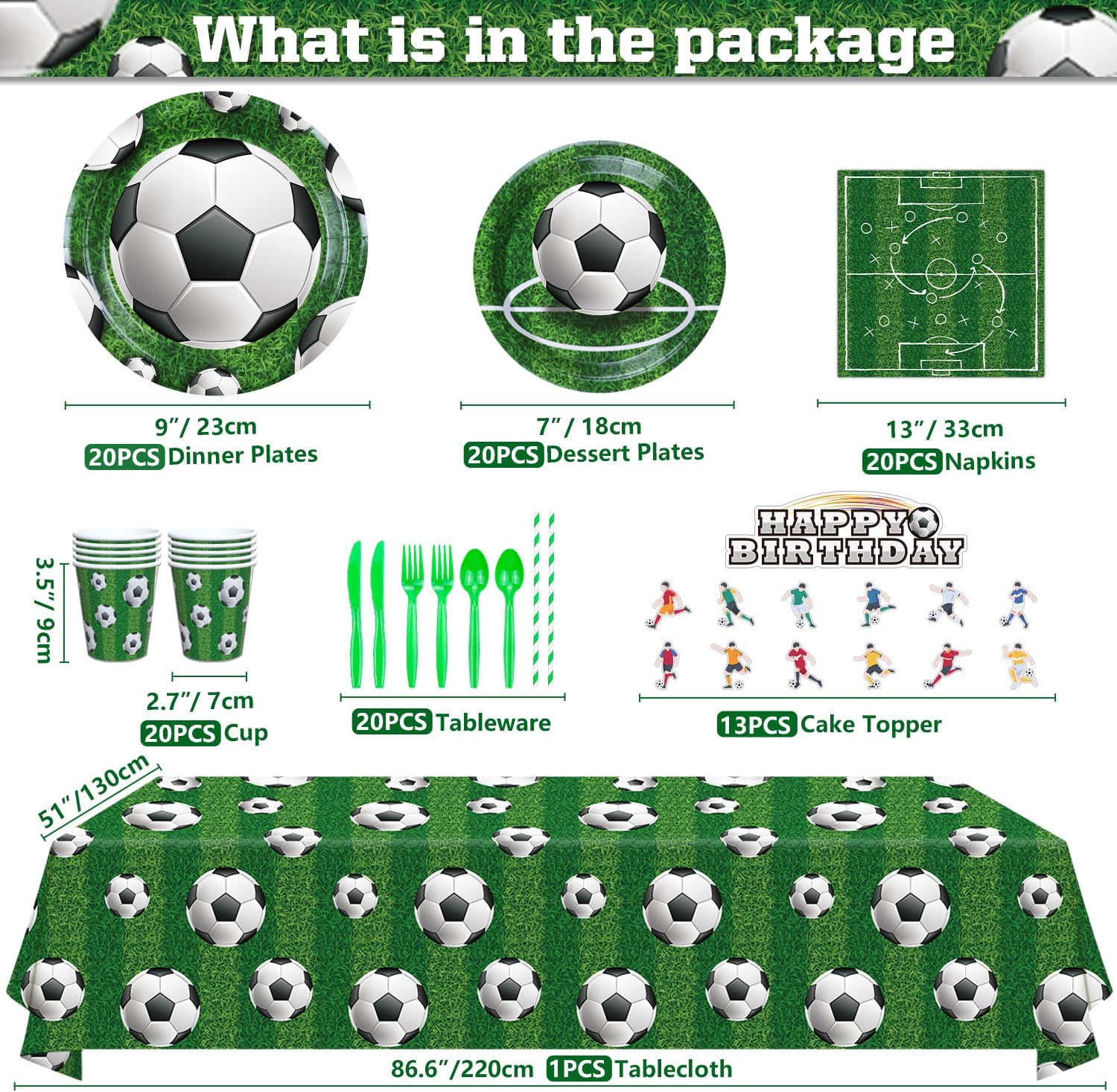 229 Pack Soccer Party Supplies Soccer Party Decorations Boys Sports Theme Birthday Decor Soccer Theme Tableware Set - Soccer Plates, Balloons, Banners, Ball Theme Tablecloth, Cups, Napkins Serves 20 - Image 6