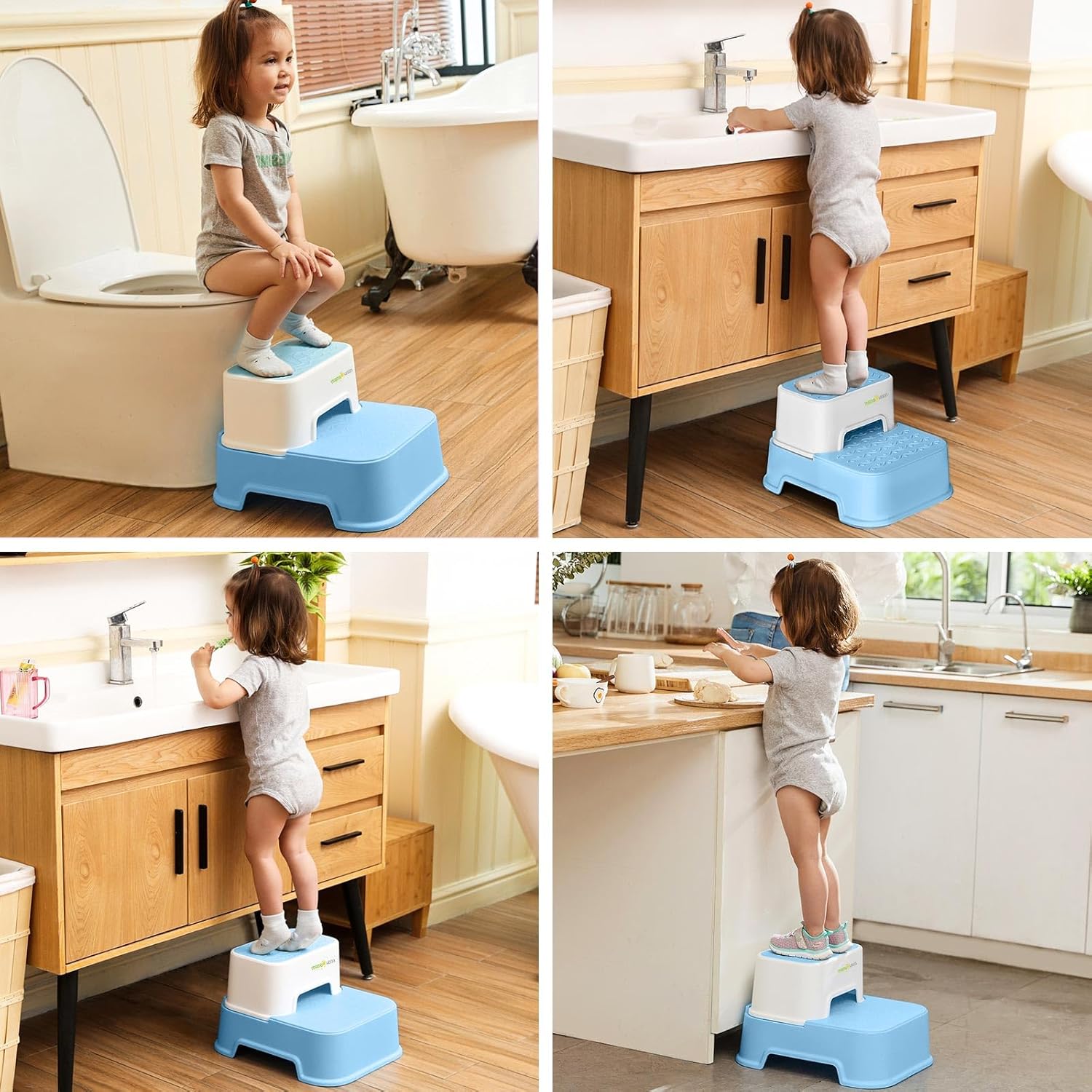 Two Step Stool for Kids, Double up Toddler Step Stool for Potty Training, Kitchen, Bathroom, Toilet Stool with Anti-Slip Strips for Safety, Stackable, Wide Step (1 Pack Blue) : Baby
