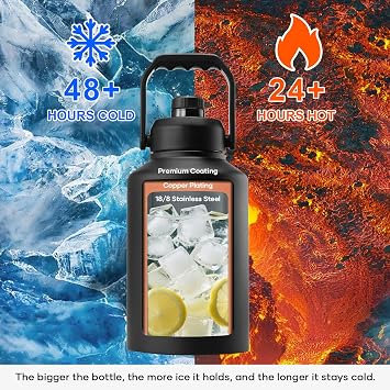BUZIO 1 Gallon Water Bottle Insulated, (Cold for 48 Hrs) 3.58in Big Wide Mouth Leak Proof, 128oz Large Water Jug Stainless Steel Metal Flask with Handle for Camping,Outdoor Work,Travel,Hiking, Black