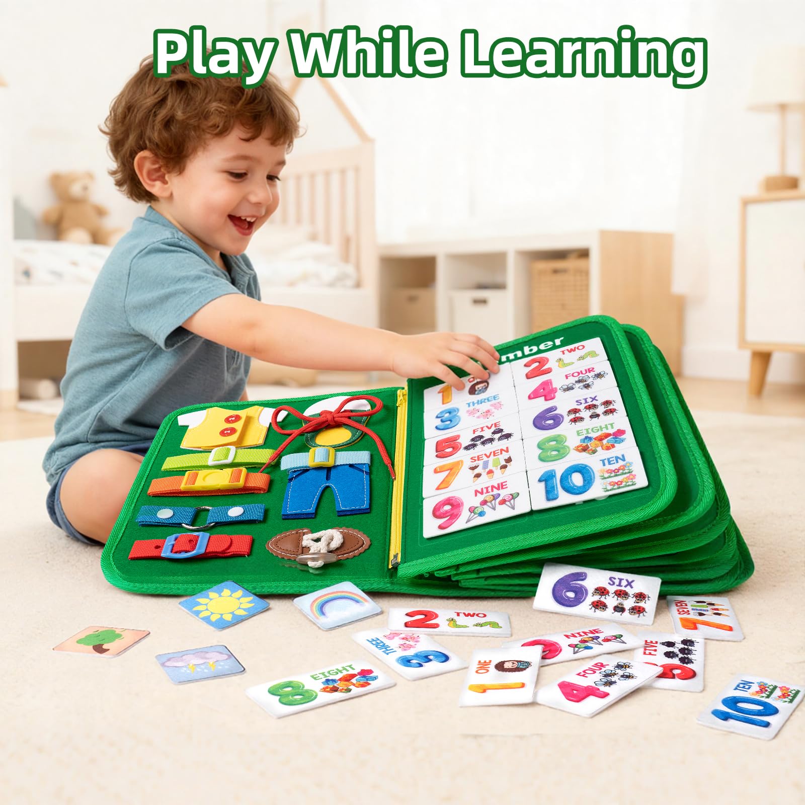 Maluch Busy Board Montessori zabawki dla dzieci, 12-stronowa, cicha, zajęta książka, aktywność edukacyjna, sensoryczna, zabawka edukacyjna, umiejętności motoryczne, zabawki podróżne do samochodu