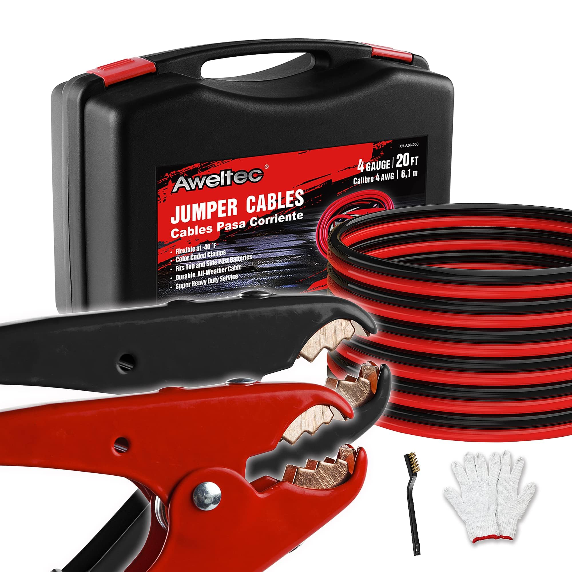 Heavy Duty Jumper Cables,All Copper 4 Gauge 20 Feet Booster Battery Cable,Automotive Wires with with Alligator Clips,600D Fabric Carrying Bag,Safety Gloves and Iron Brush for Cars Truck