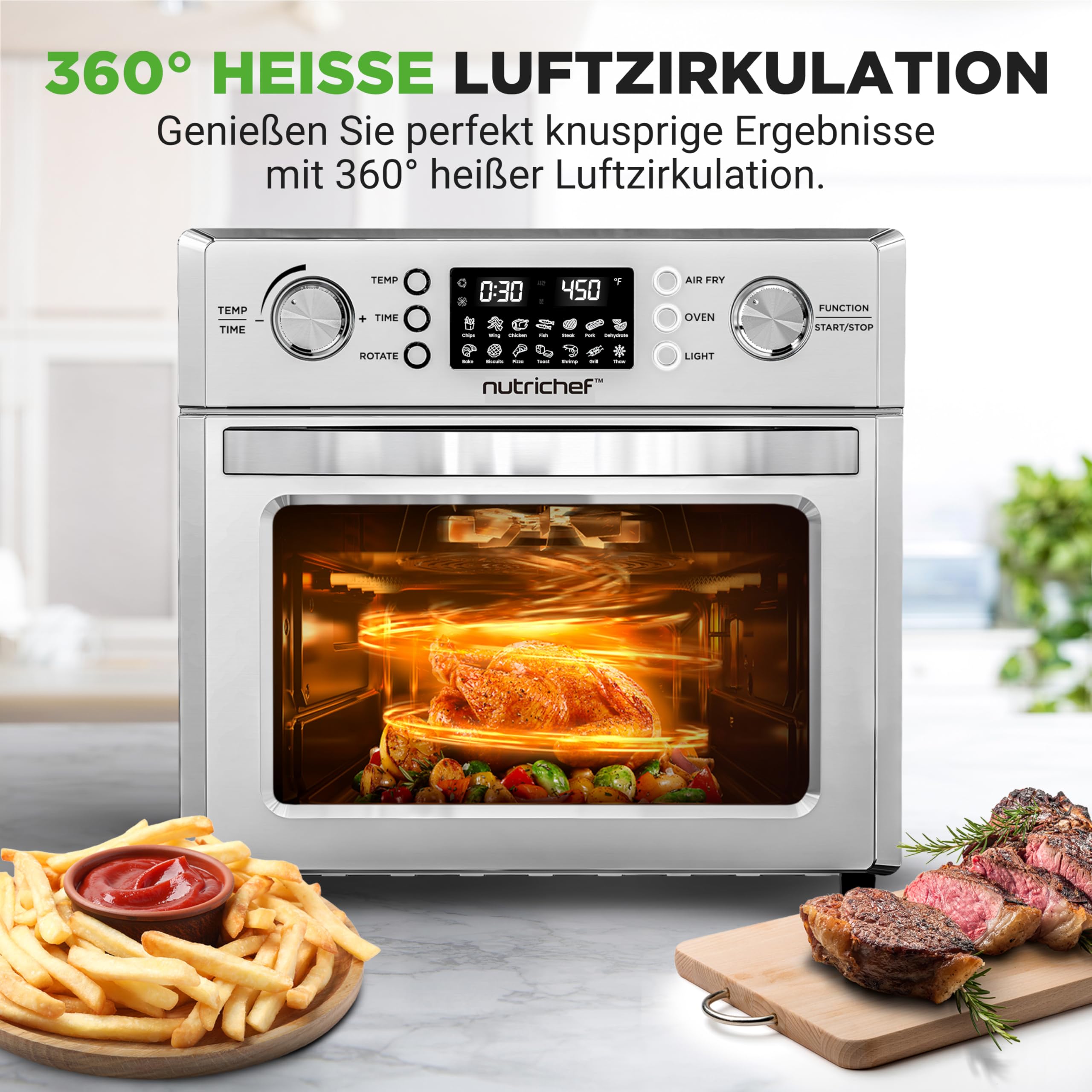 NutriChef Heißluftfritteuse 26L – Multifunktionaler Airfryer Ofen mit Rotisserie & Dampfgarer | 10-in-1 Mini-Backofen mit Dörrfunktion, Zubehör, Edelstahlgehäuse & Antihaftteilen für gesundes Kochen