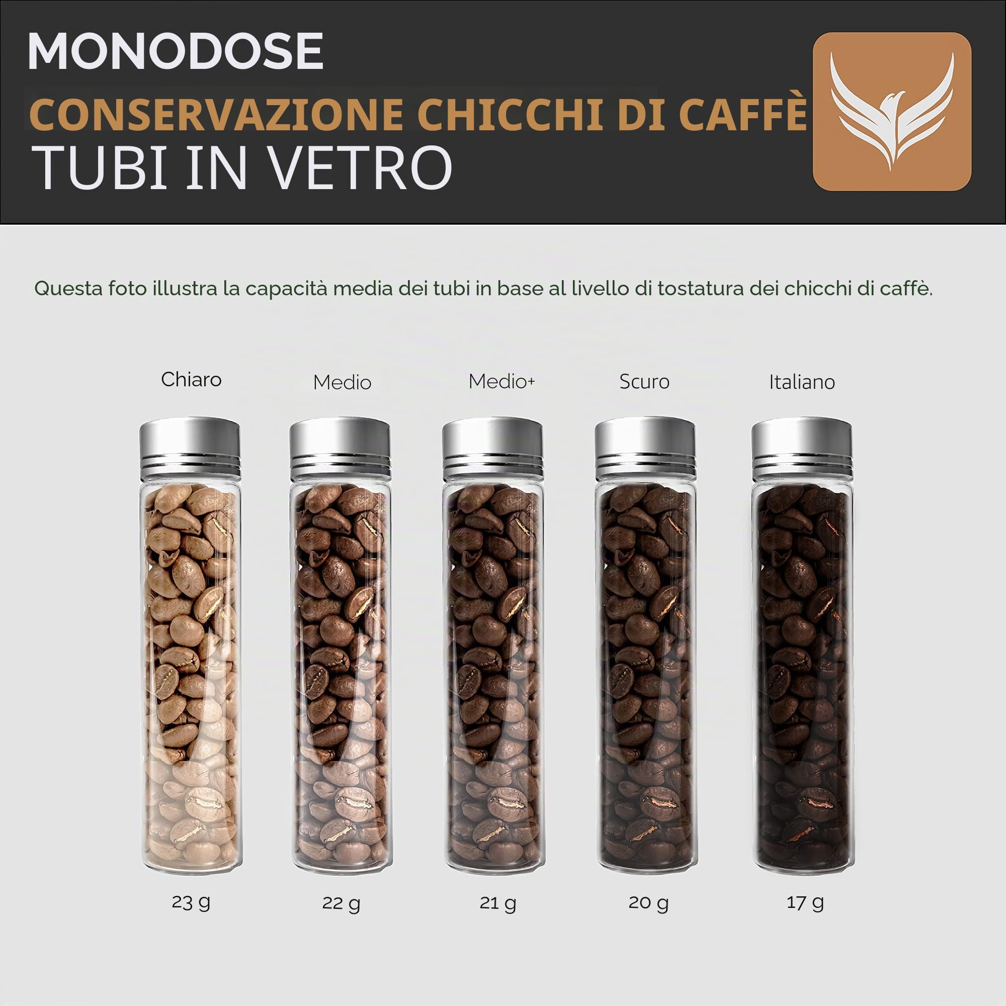 10 fiale di vetro dosatore per chicchi di caffè con coperchio (56,7 g) espositore in legno e imbuto