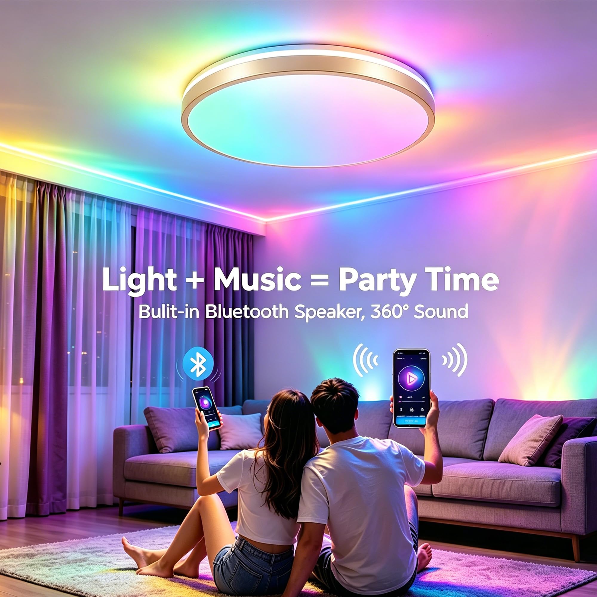 Lampada da Soffitto con Telecomando per le Camerette dei Bambini | 24W, 30CM, Altoparlante Bluetooth, Intensità Luminosa Regolabile, RGB, 3 Temperature di Colore, per la Camera da Letto