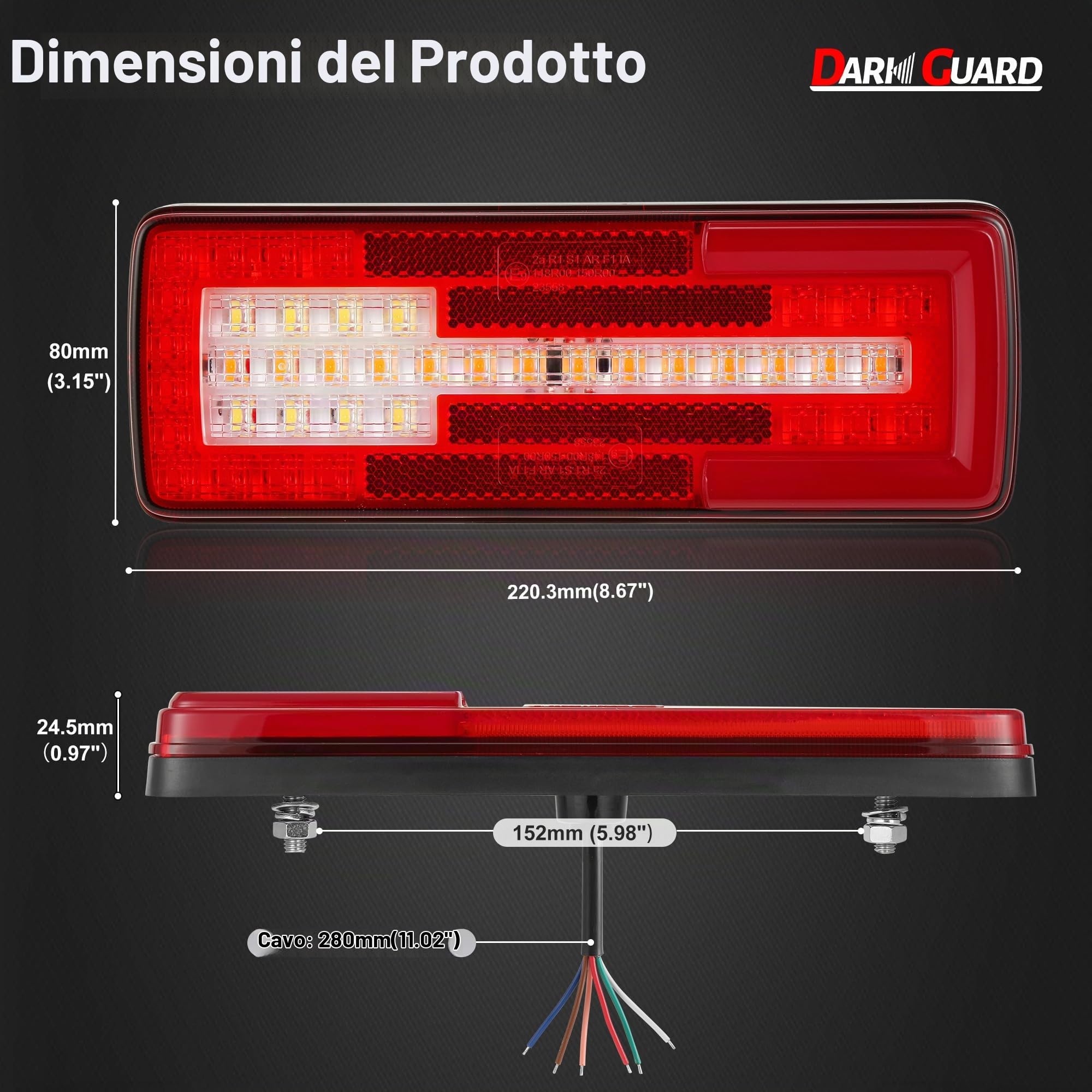 2 x Luci Posteriore a LED Lampada Fanali Posteriore LED 12V/24V Omologata E9 Impermeabile IP67 per Rimorchio Camion Furgone Trattore, 6-in-1 con Luci di Posizione Fendinebbia e Retromarcia