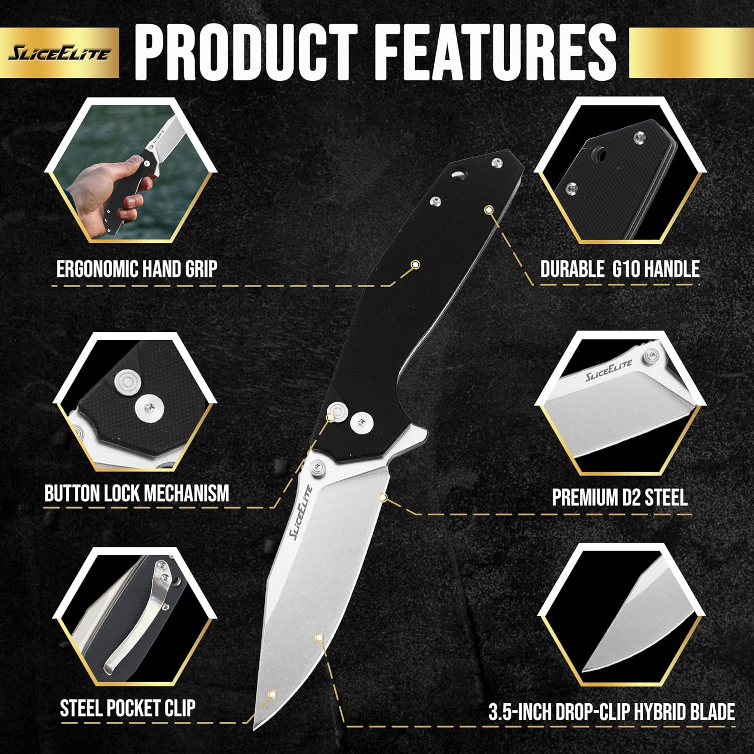 SliceElite El Capitan Folding Knife 3.5 in D2 Steel Clip Drop Blade Black G10 Handle Manual Button Lock Pocket Carry