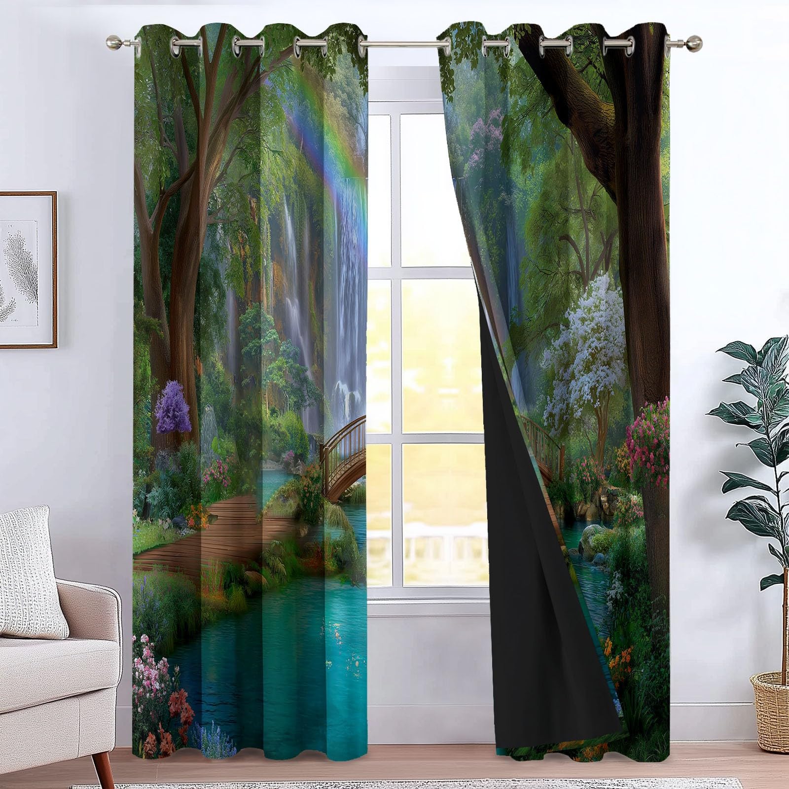 110 x 215 cm Zasłony 2 panele, wzór wodospad tęczowy drewniany most zasłony zaciemniające na okna, zielone zasłony dekoracyjne dla dzieci chłopców dziewcząt sypialnia i salon kuchnia