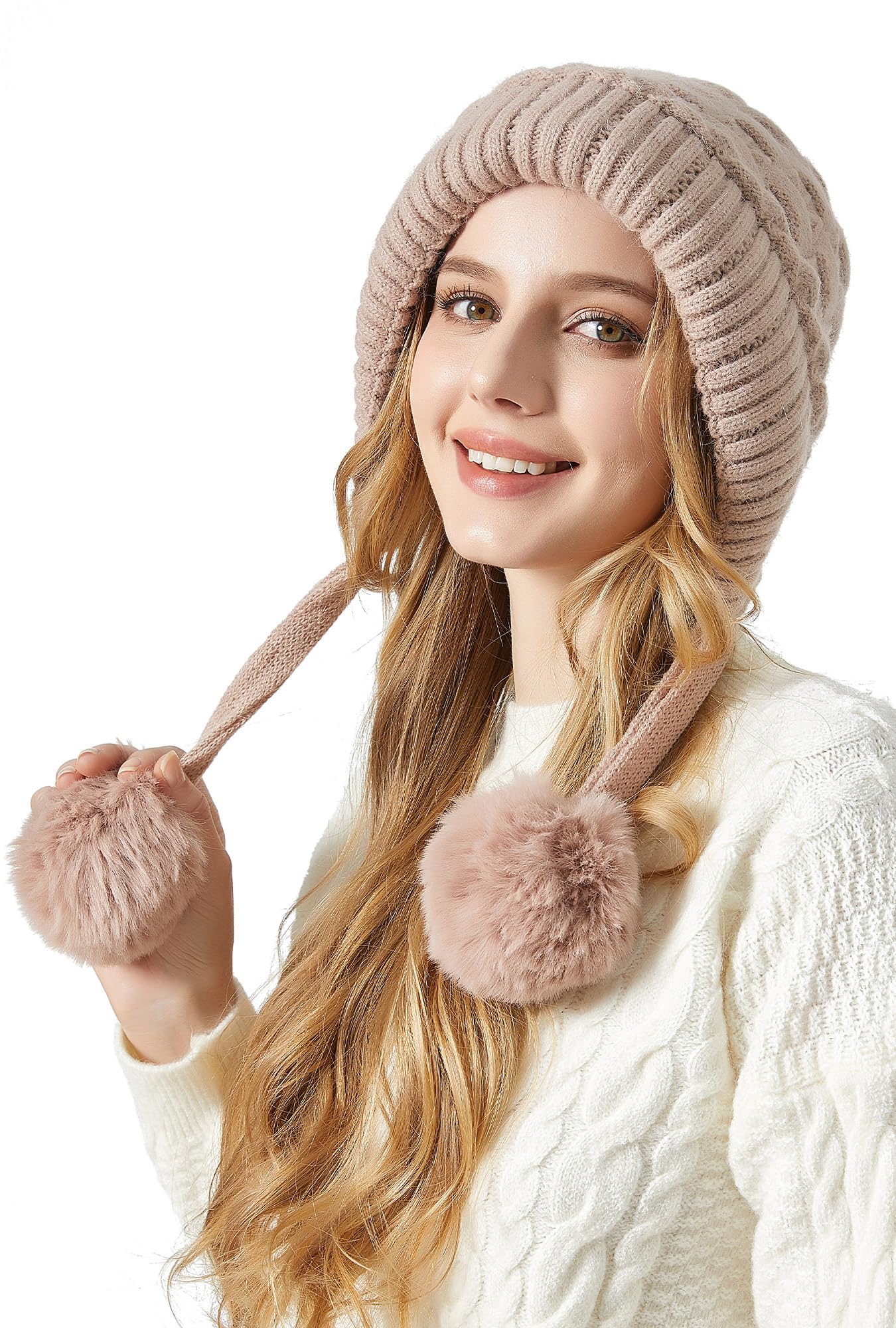 SEAUR Bonnet d'hiver souple pour femme avec doublure en polaire - Cagoule chaude - Avec cordon de serrage, B rose., taille unique