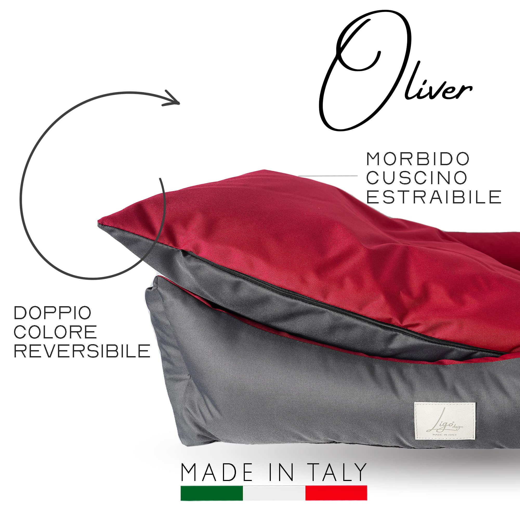 Ligo Oliver - lettino cuccia per cani idrorepellente resistente ai graffi.Cuscino per cane materasso per cani. Cuccia per Cani antimacchia.REALIZZATO IN ITALIA (M: 70 x 55 cm, ANTRACITE/BORDEAUX)
