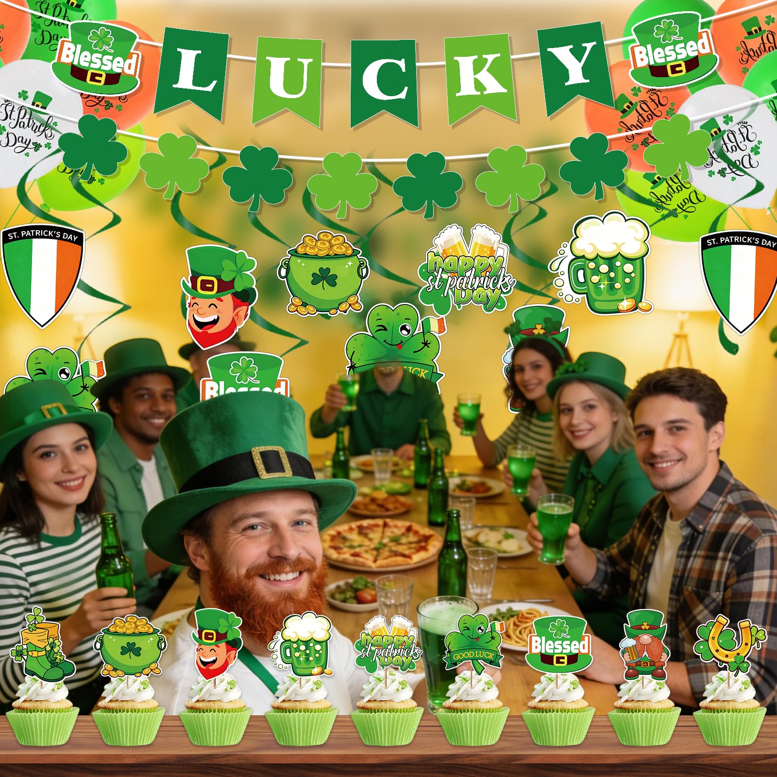 JoyAura St Patricks Day Decorations, St Patrick’s Day Shamrock Shield Banner with Hanging Bunting and Balloons, Cake Topper - Image 4