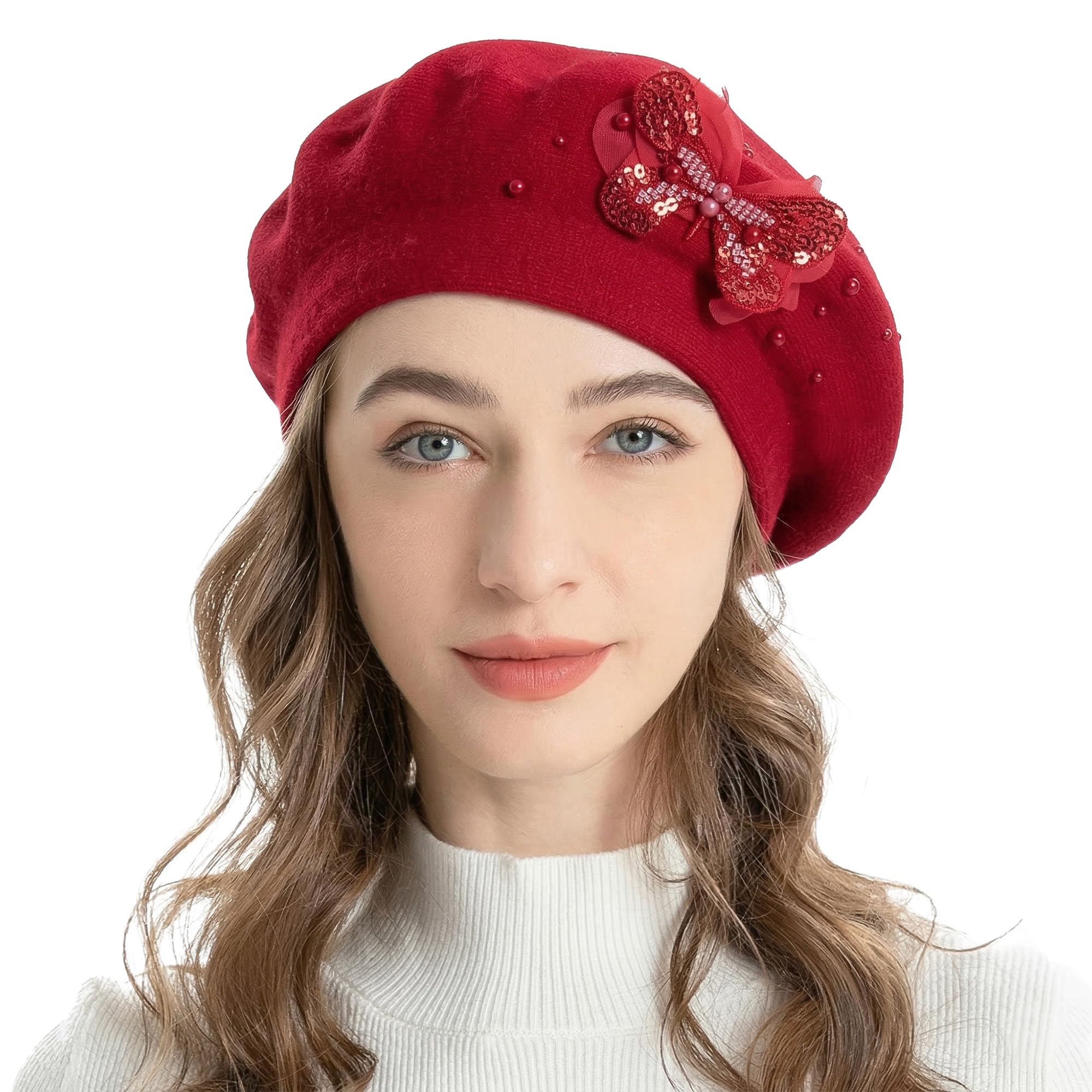 ZLYC Womens French Beret Hat Reversible Solid Color Cashmere Mosaic Warm Beret Cap(Butterfly Red),One Size
