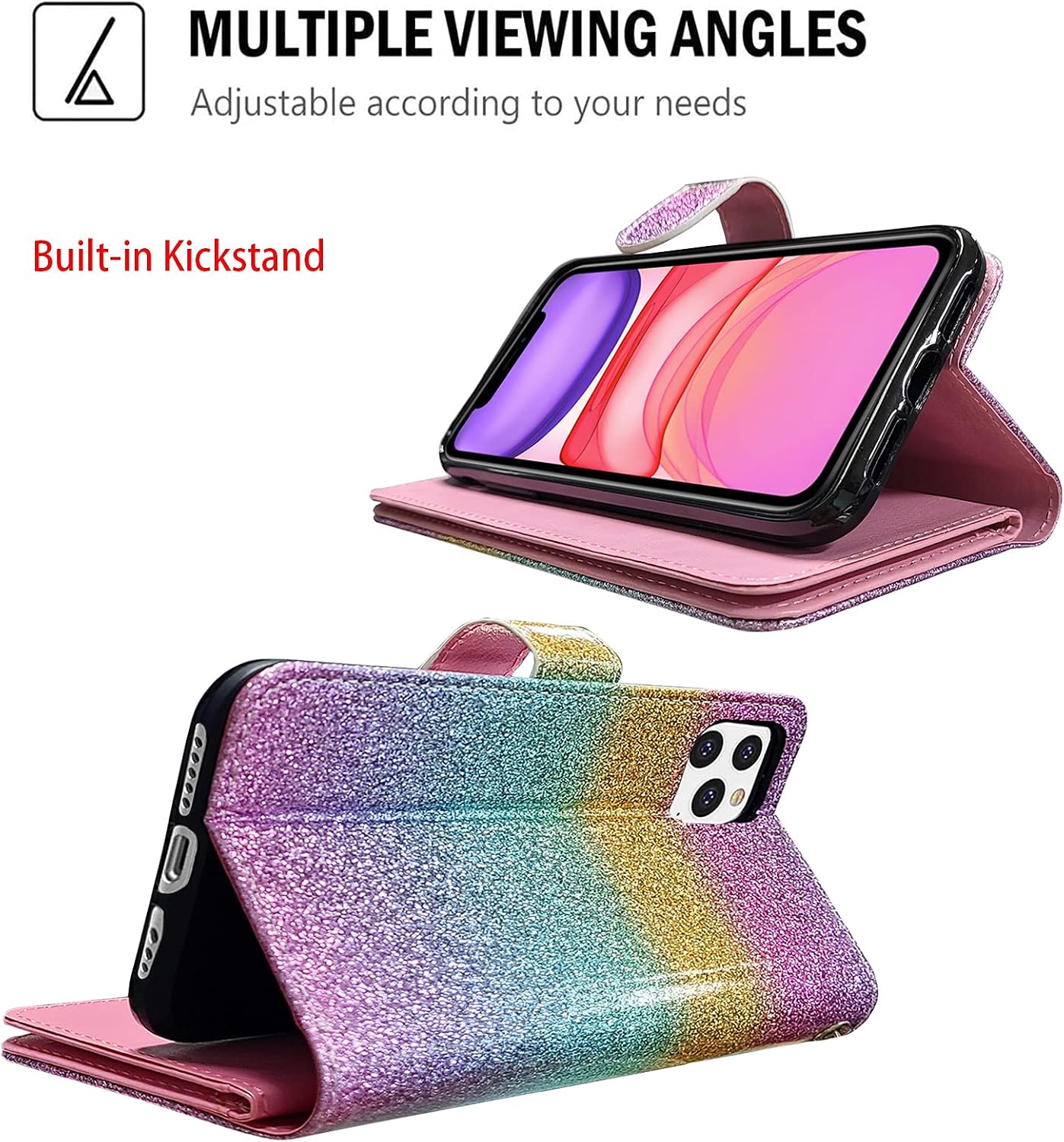 J.west iPhone 11 Case, iPhone 11 Wallet Case 6.1-inch Sparkle Glitter with 9 Card Slots Stand Magnetic Closure Wrist Strap Protective PU Leather Shockproof TPU Flip Cover Colorful