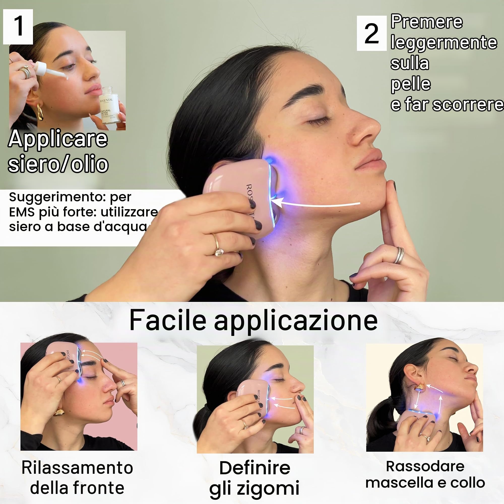 Rosental Organics EMS Gua Sha massaggiatore viso – LED blu, verde e terapia a luce rossa – per pelle grassoccia e carnagione uniforme – per tutti i tipi di pelle