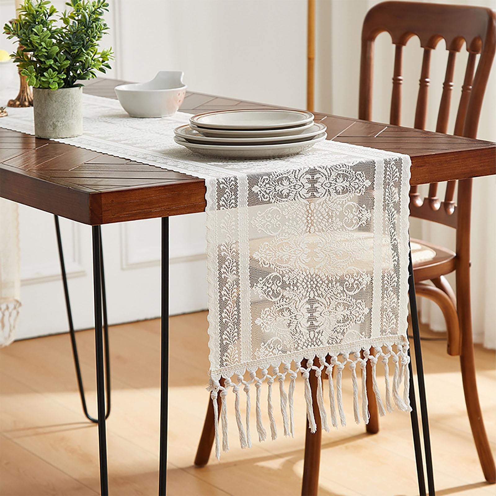 KLUSIET Long Table Runner with Tassels, Macrame Table Runners, Woven Lace Table Runner, Farmhouse Table Runner for Home Dining Table Décor(70.8in,E)
