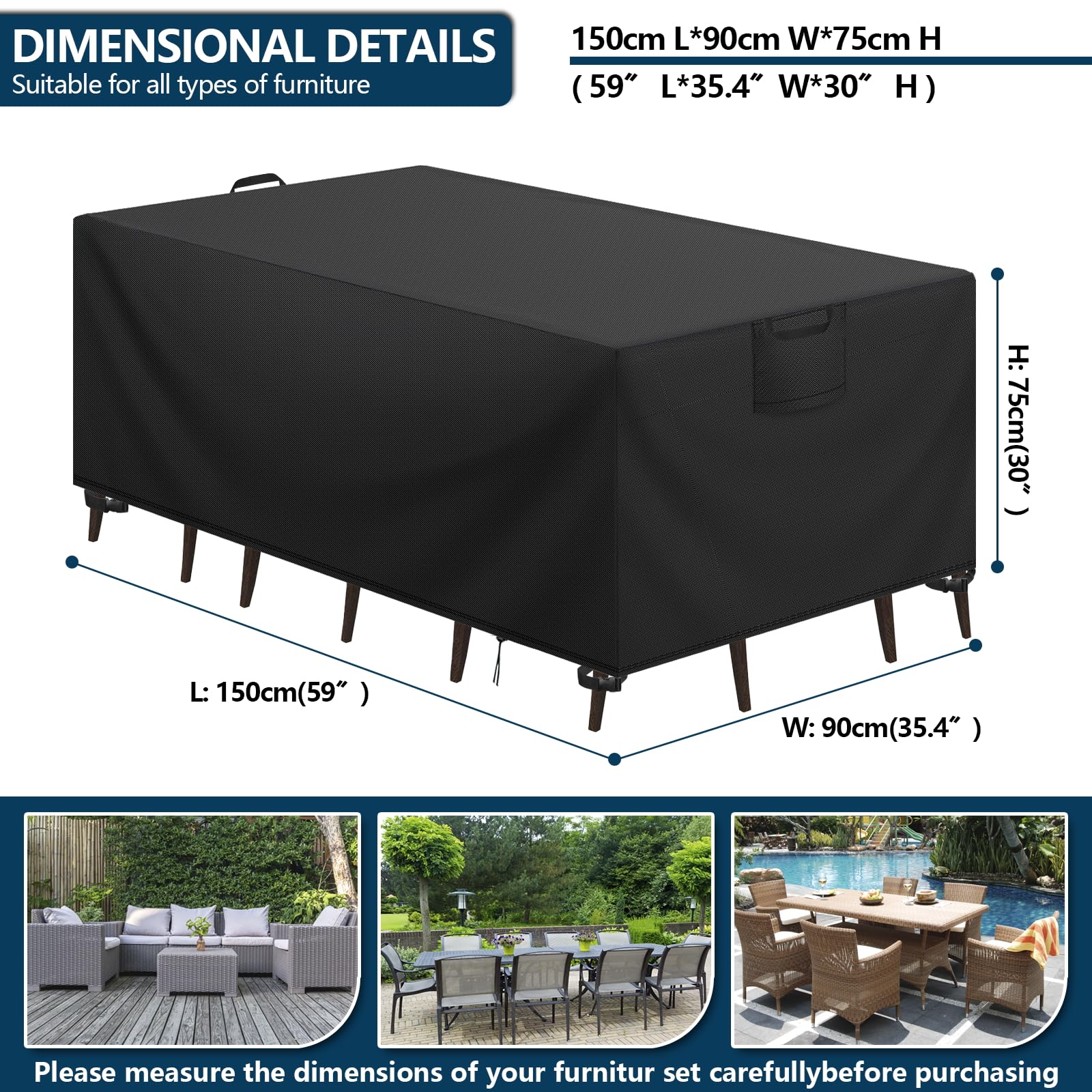 Housse Salon de Jardin Bâche Table de Jardin Tissu Oxford 420D Couverture de Protection Meubles Exterieur Imperméable, Coupe-Vent, Anti-UV Housse de Meubles en rotin, Noir, 150x90x75 cm - 3