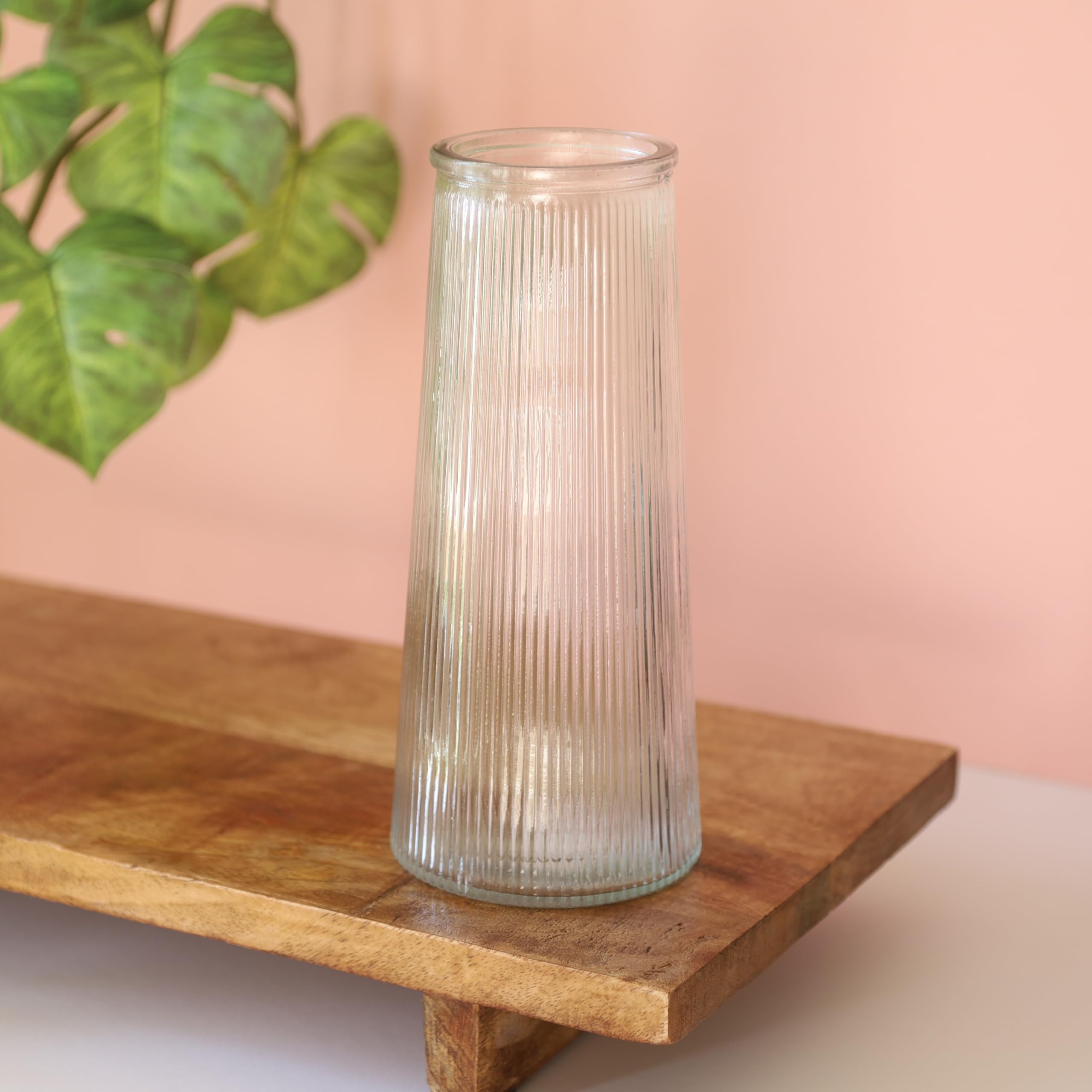 Fyne-Finds Clear Tall Ribbed Glass Flower Vase Rustic Home Decor 22Cm, 9Inch Cylinder Glass Planter For Centerpieces Tabletop Shelf Sitter Home Decorative Gift (Clear)