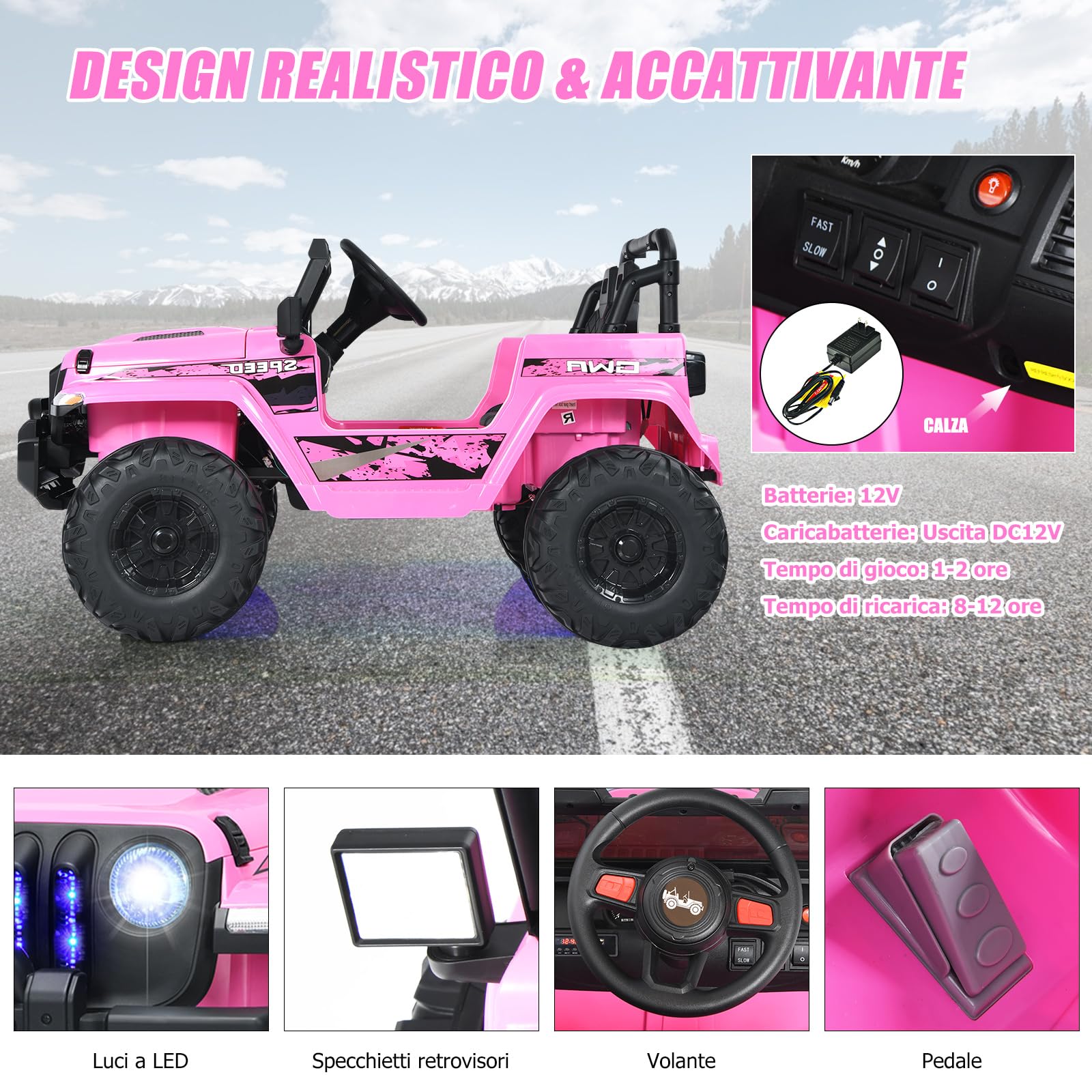 RELAX4LIFE Auto da Corsa per Bambini a 2 Posti, Veicoli Elettrici per Bambini, Macchinina per Bambini con Telecomando, Luce e Musica, Bluetooth e USB, Carico Massimo 35 KG (Rosa)