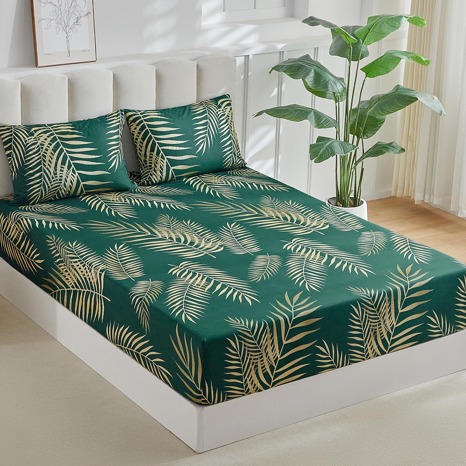 Tokokimo Double Fitted Sheet 160 x 200 cm, Extra Deep Pocket Fitted Sheet, 35 cm, Soft Microfibre with 2 Pillowcases, Floral Print (Dark Green)