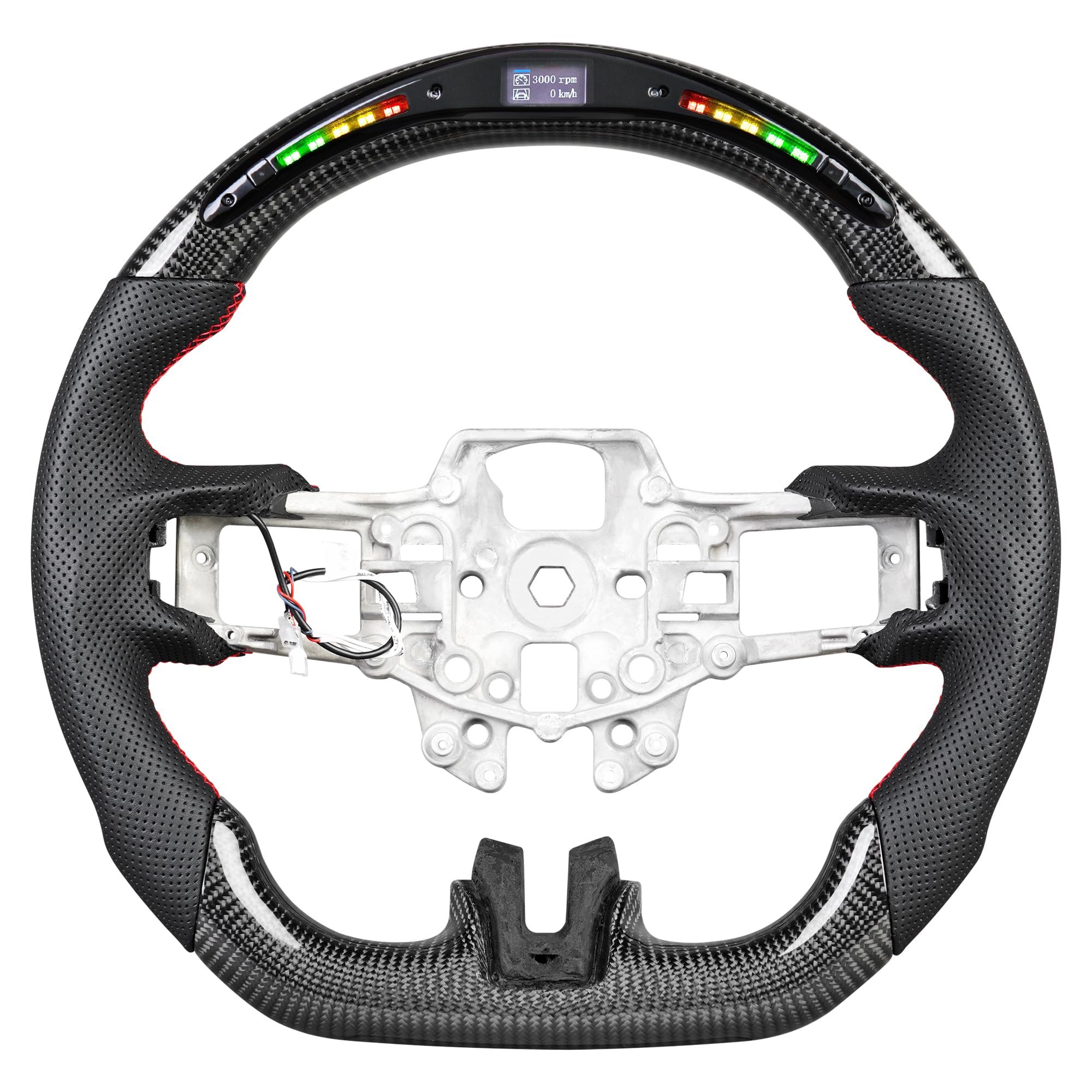 Carbon Fiber Smart Steering Wheel for 18-23 Mustang EcoBoost/GT for Shelby GT350/GT350R with NAPPA Leather, Ergonomic Design, D - shaped Flat Bottom, HD LED Display and Speed - Changing Light Strips