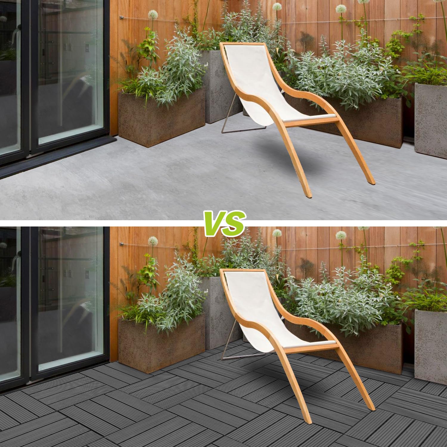 Lot de 11 dalles de terrasse WPC - 30 x 30 cm - 1 m² - Gris - Système de clic - Aspect bois - Revêtement de sol à clipser - Pour terrasse, balcon - Couleur : gris
