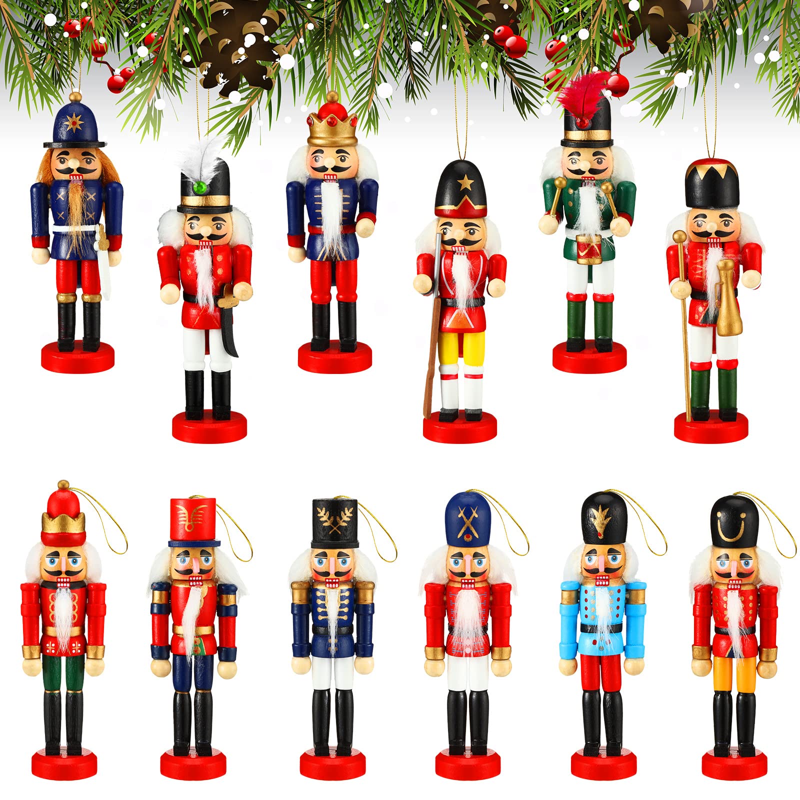 12 Pieces Christmas Nutcrackers Ornaments Wooden Crackers Hanging Decorations Soldier Ornament Nutcrackers Figures for Home Christmas Trees Xmas Toy