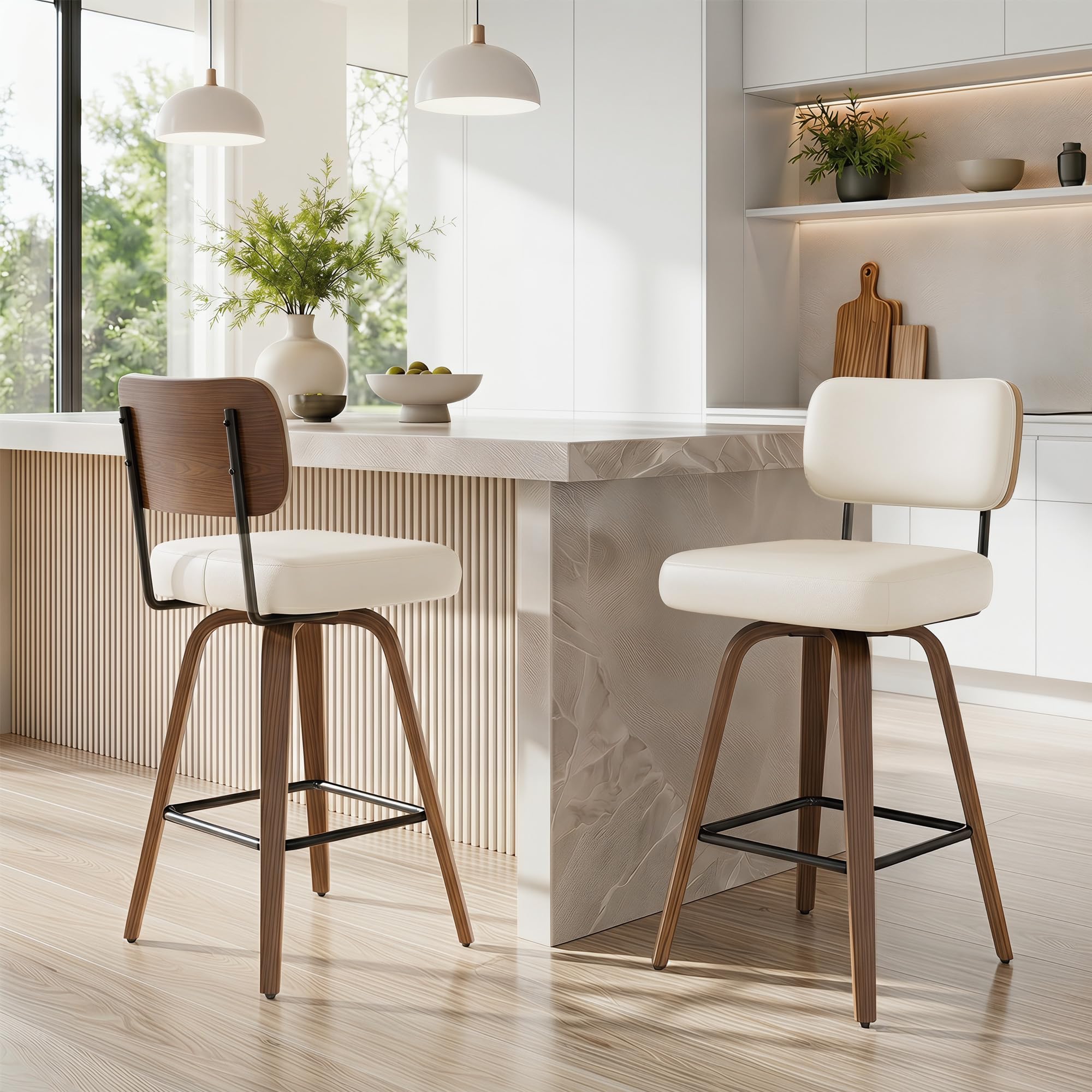 360°Drehbarer Barhocker 2er Set, PU Barhocker 65cm Sitzhöhe mit Holzbeinen, Mid-Century-Design Bar hocker mit 4 Beinen und Lehne, Barstühle Küchenhocker für Küche und Bar,Weiß