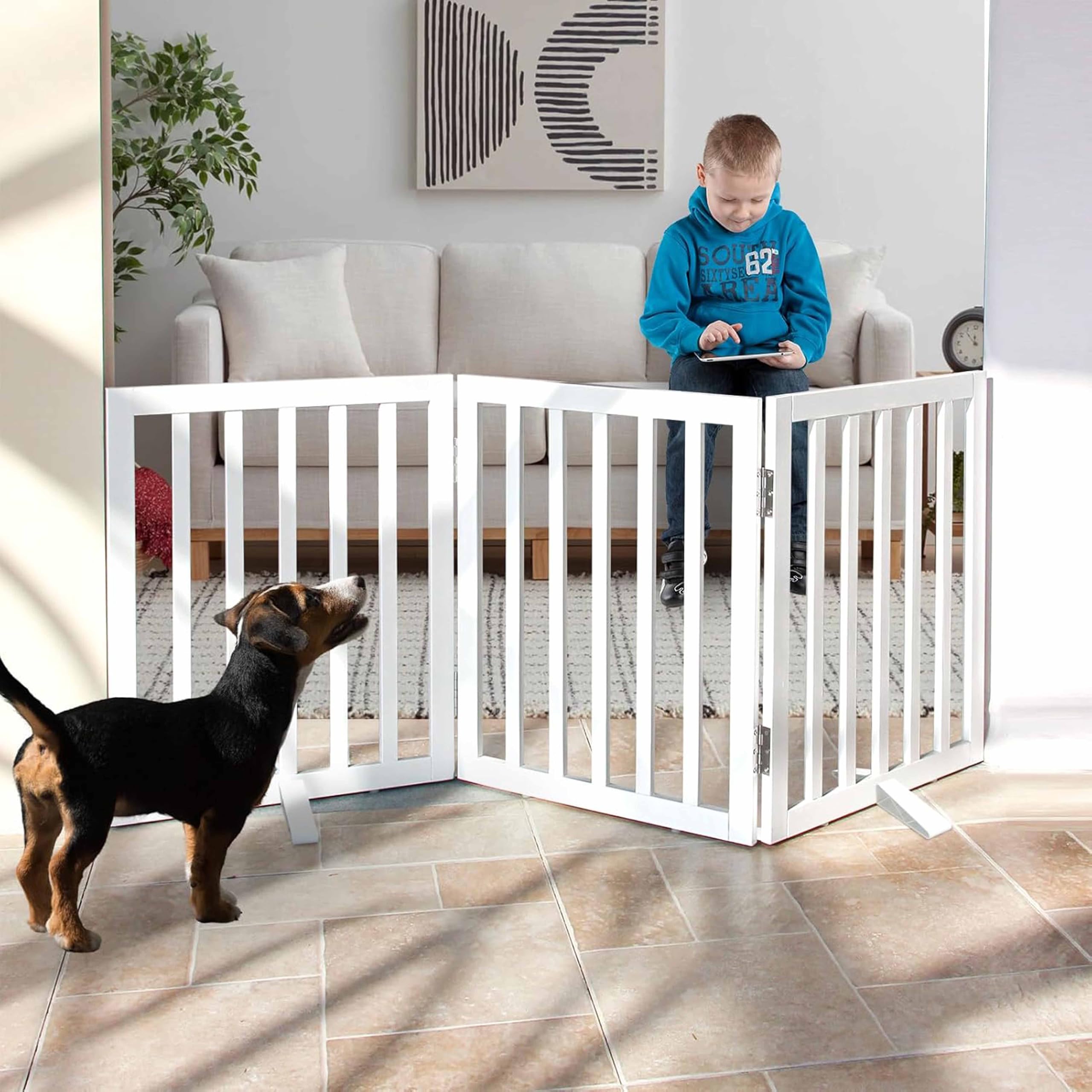 Belief Foldable Wooden Pet Gate for Dogs & Cats – Indoor Safety Barrier for Doorways, Hallways & Stairs | Free-Standing, Portable White Dog Fence – 3 Panel, 60 cm Height (【3 Panels 】 59‘’W x 24''H)-image-18