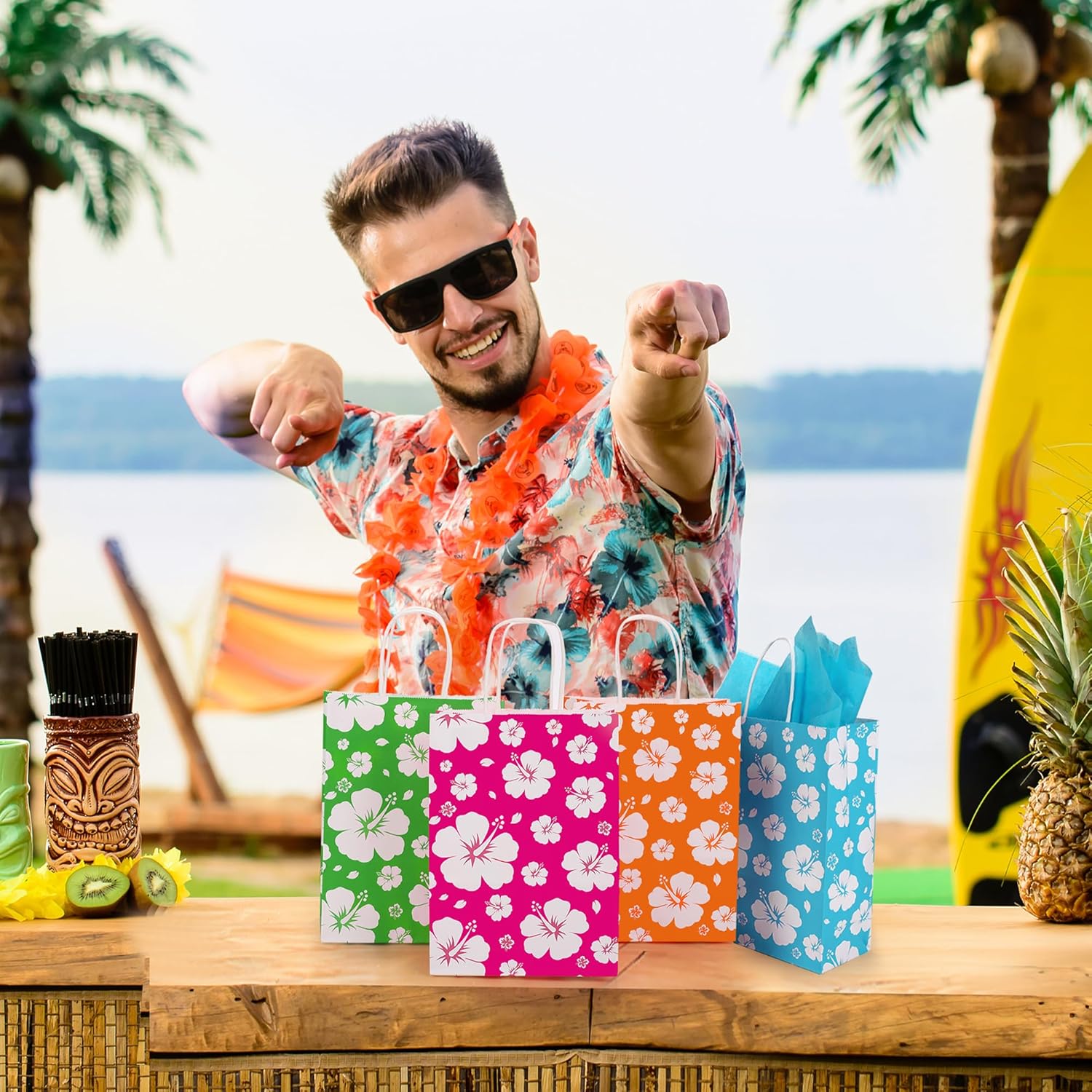 MIMIND 48 Pack Hibiscus Party Favor Bags Hawaiian Themed Paper Bag with Handles Tissue Paper Summer Tropical Gift Bags Tiki Luau Treat Goodie Bag for Hawaii Party Summer Birthday Supplies, Multicolor