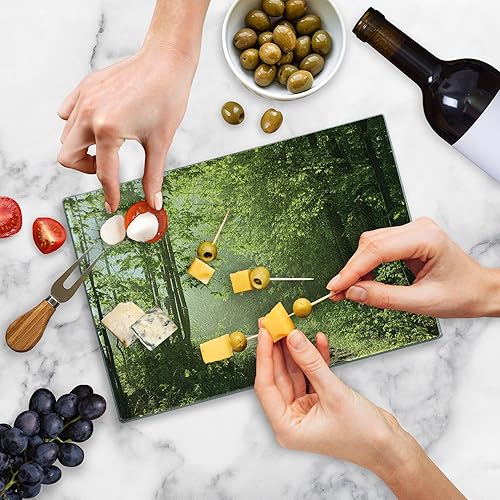 Miniatura 4 de Lunarable Woodland Cutting Board, Path in the Forest with Tall Trees at Daybreak on Summer Morning Peaceful Scenery, Decorative Tempered Glass